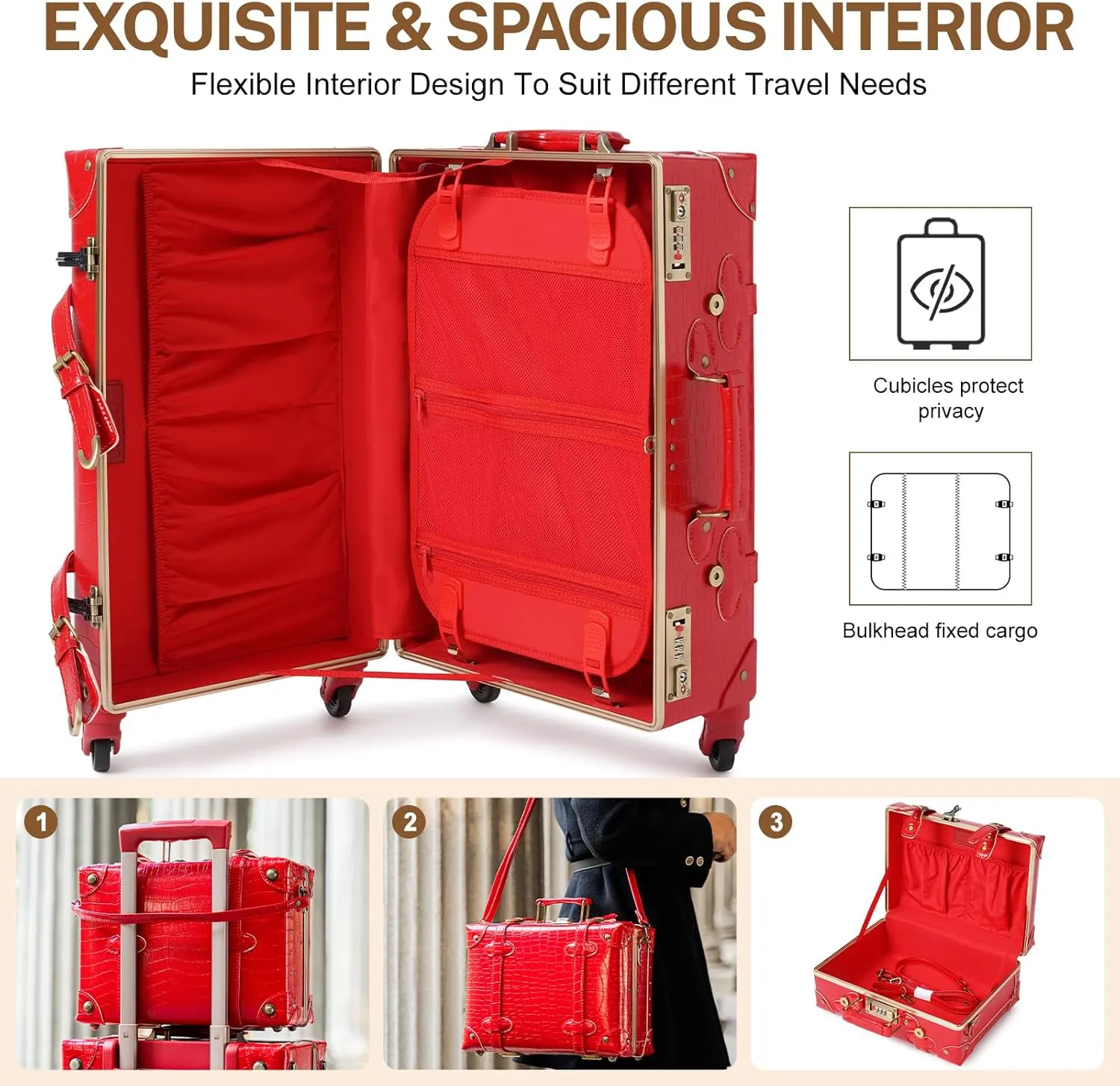 urecity Cute Vintage Look Lightweight Spinner Luggage Set of 2 Pieces, Travel Set includes a Tote Bag, Luxury Designer Retro Trunk Luggage (26" 12", Red)