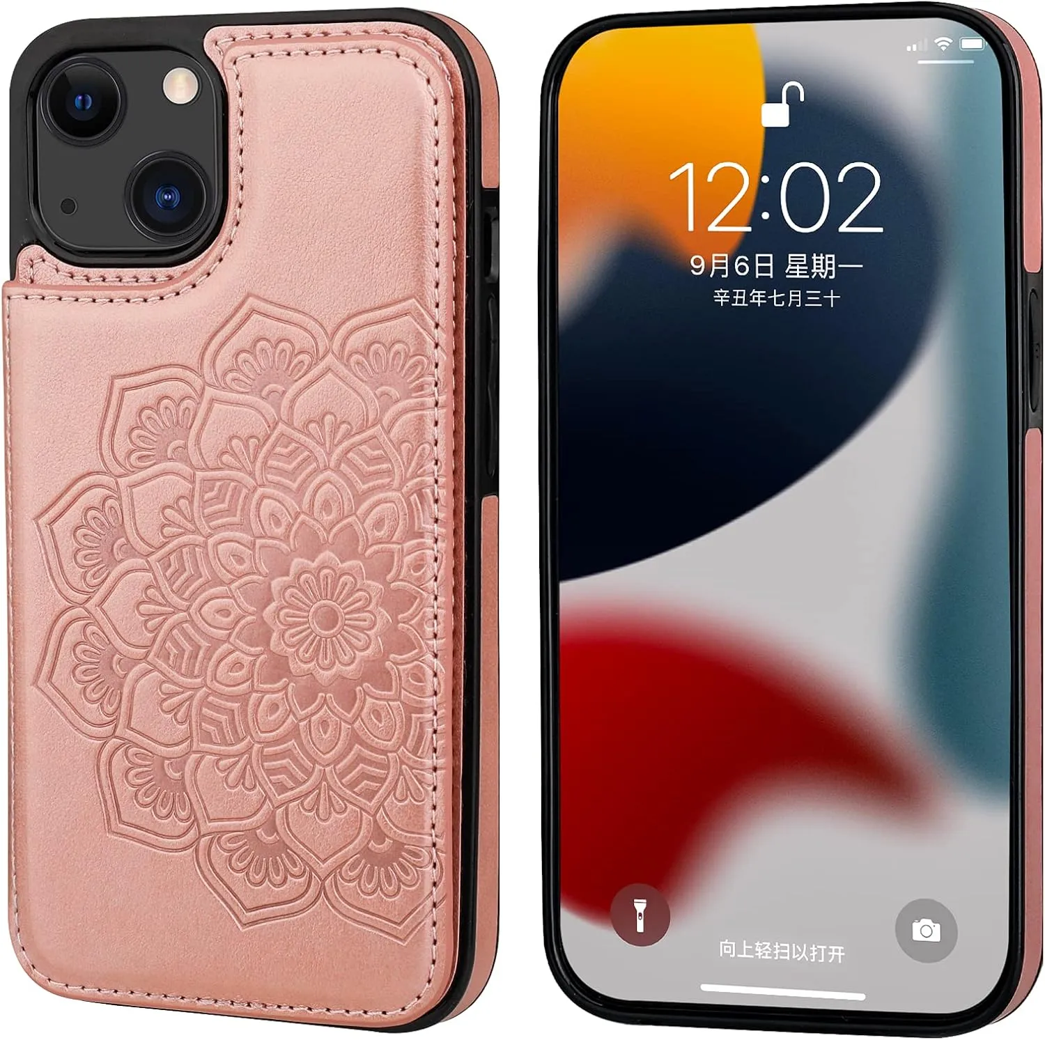 Vaburs Compatible with iPhone 13 Case Wallet with Card Holder, Embossed Mandala Pattern Flower PU Leather Double Buttons Flip Shockproof Cover for Magnetic Car Mount 6.1 Inch (Rose Gold)