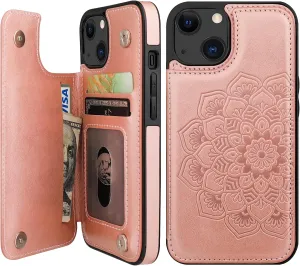 Vaburs Compatible with iPhone 13 Case Wallet with Card Holder, Embossed Mandala Pattern Flower PU Leather Double Buttons Flip Shockproof Cover for Magnetic Car Mount 6.1 Inch (Rose Gold)