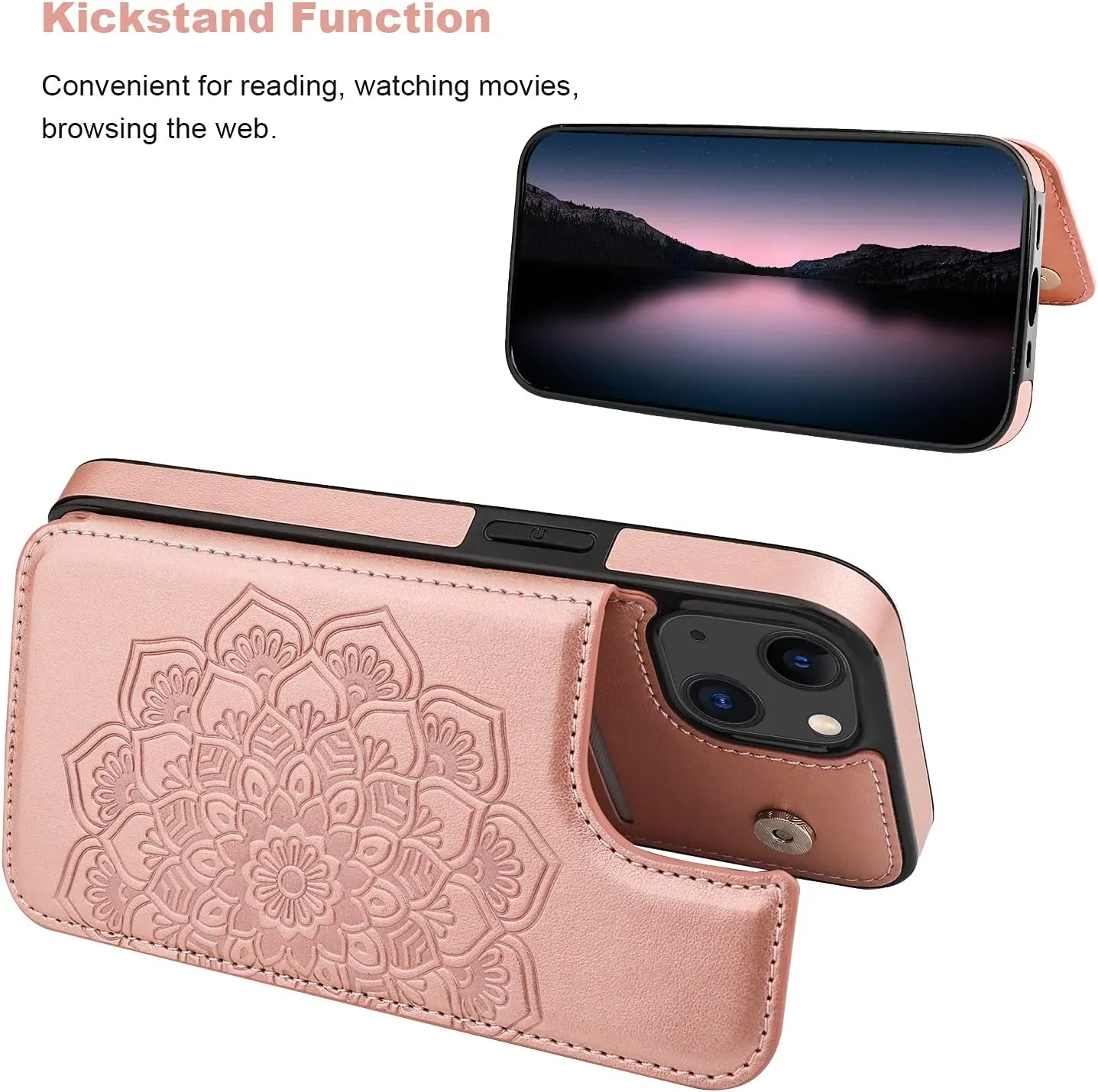 Vaburs Compatible with iPhone 13 Case Wallet with Card Holder, Embossed Mandala Pattern Flower PU Leather Double Buttons Flip Shockproof Cover for Magnetic Car Mount 6.1 Inch (Rose Gold)