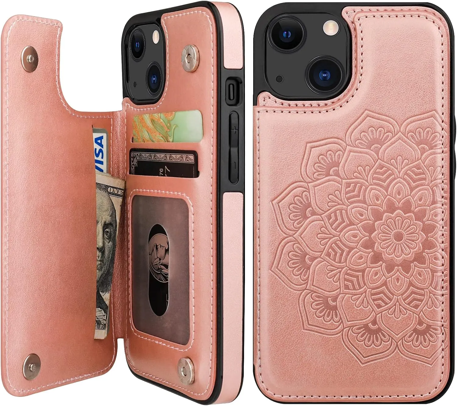 Vaburs Compatible with iPhone 13 Case Wallet with Card Holder, Embossed Mandala Pattern Flower PU Leather Double Buttons Flip Shockproof Cover for Magnetic Car Mount 6.1 Inch (Rose Gold)