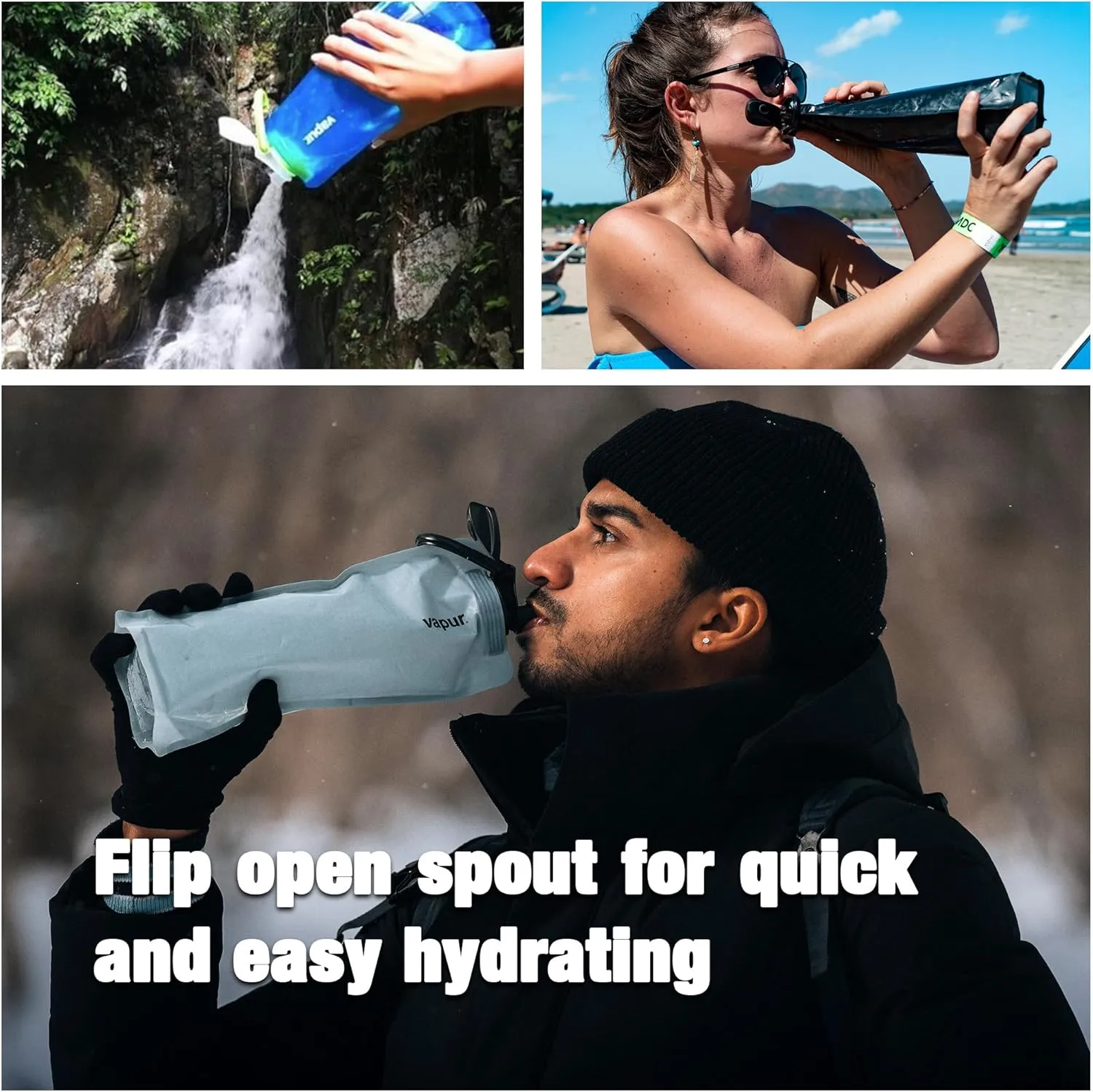 Vapur Collapsible Water Bottle With Carabiner, Compact Bottle Folds Flat For Hydration On The Go, Ideal for Traveling, Hiking or Camping, 34 Ounce, Blue Steel, Pack of 1