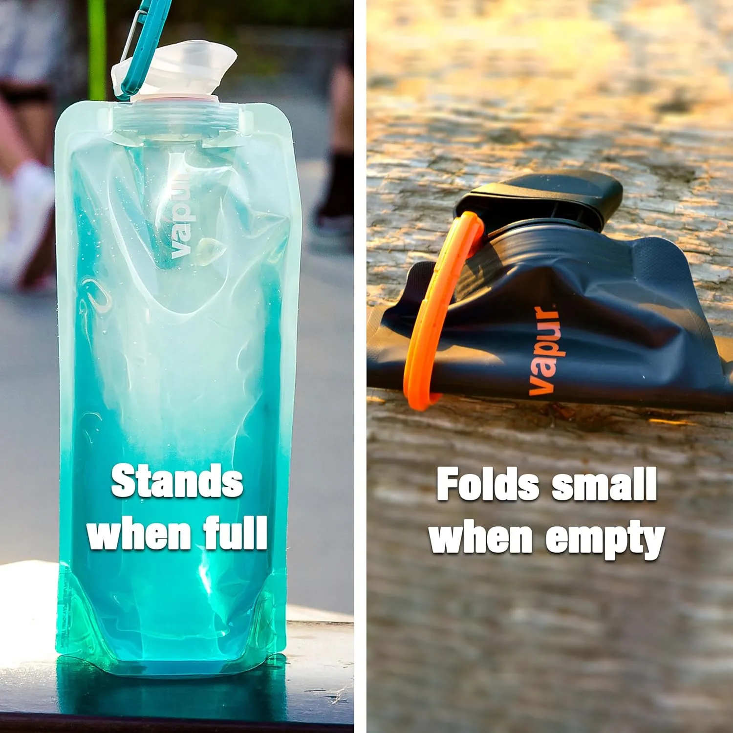 Vapur Collapsible Water Bottle With Carabiner, Compact Bottle Folds Flat For Hydration On The Go, Ideal for Traveling, Hiking or Camping, 34 Ounce, Blue Steel, Pack of 1