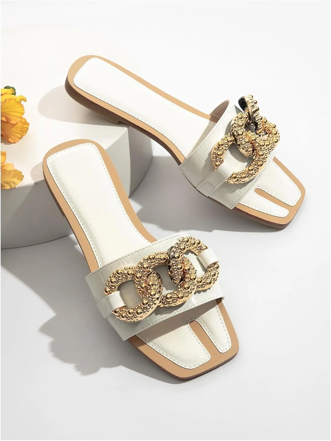 Verdusa Women's Square Toe Sandals Buckle Flats Slip On Outdoor Slides