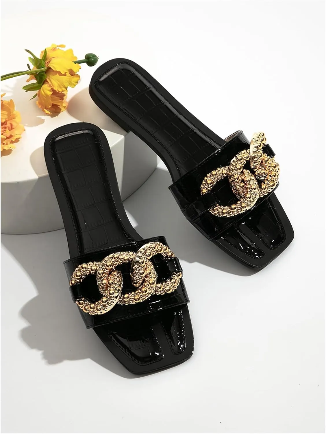 Verdusa Women's Square Toe Sandals Buckle Flats Slip On Outdoor Slides