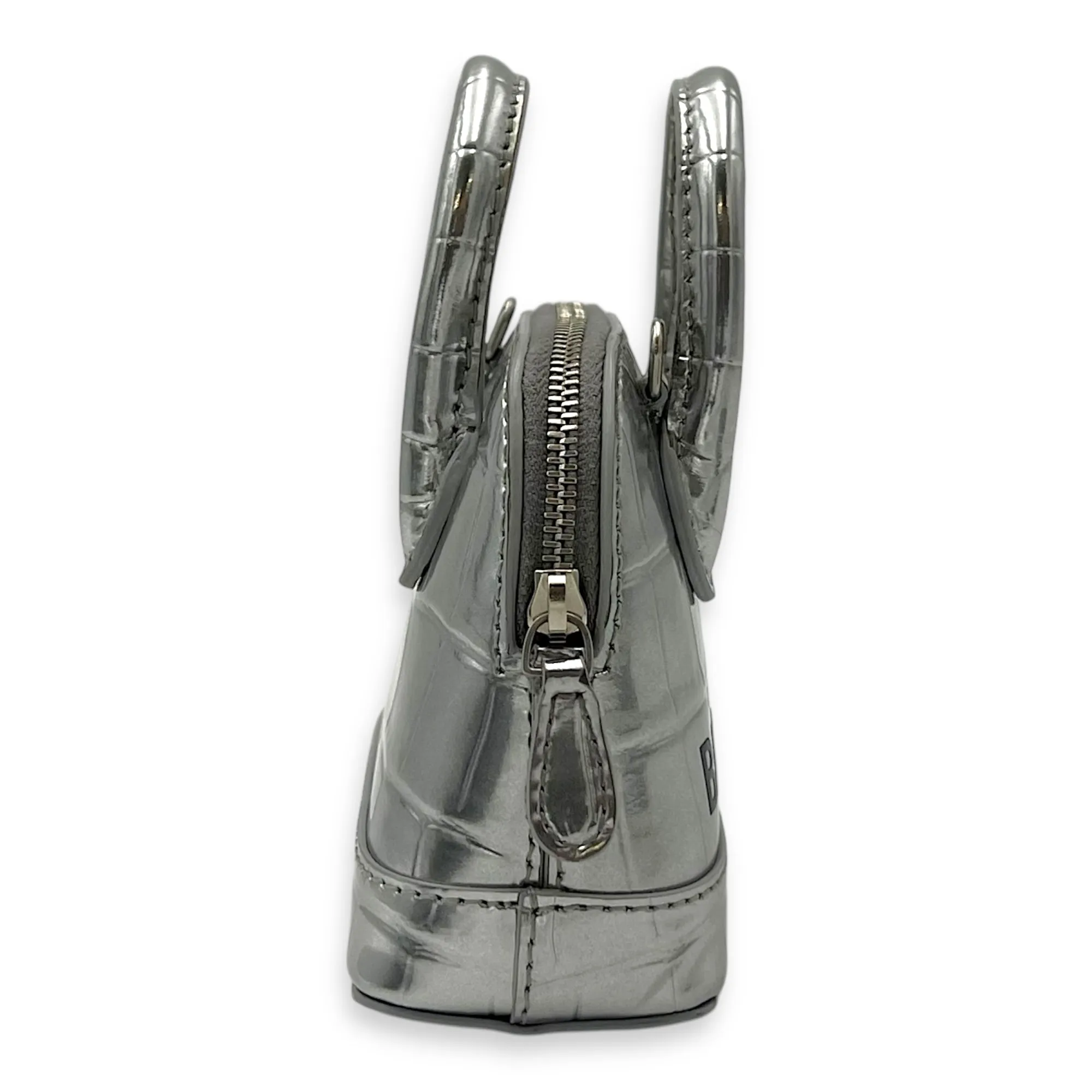 Ville Micro Silver Top Handle Bag in Crocodile Embossed Calfskin, Silver hardware