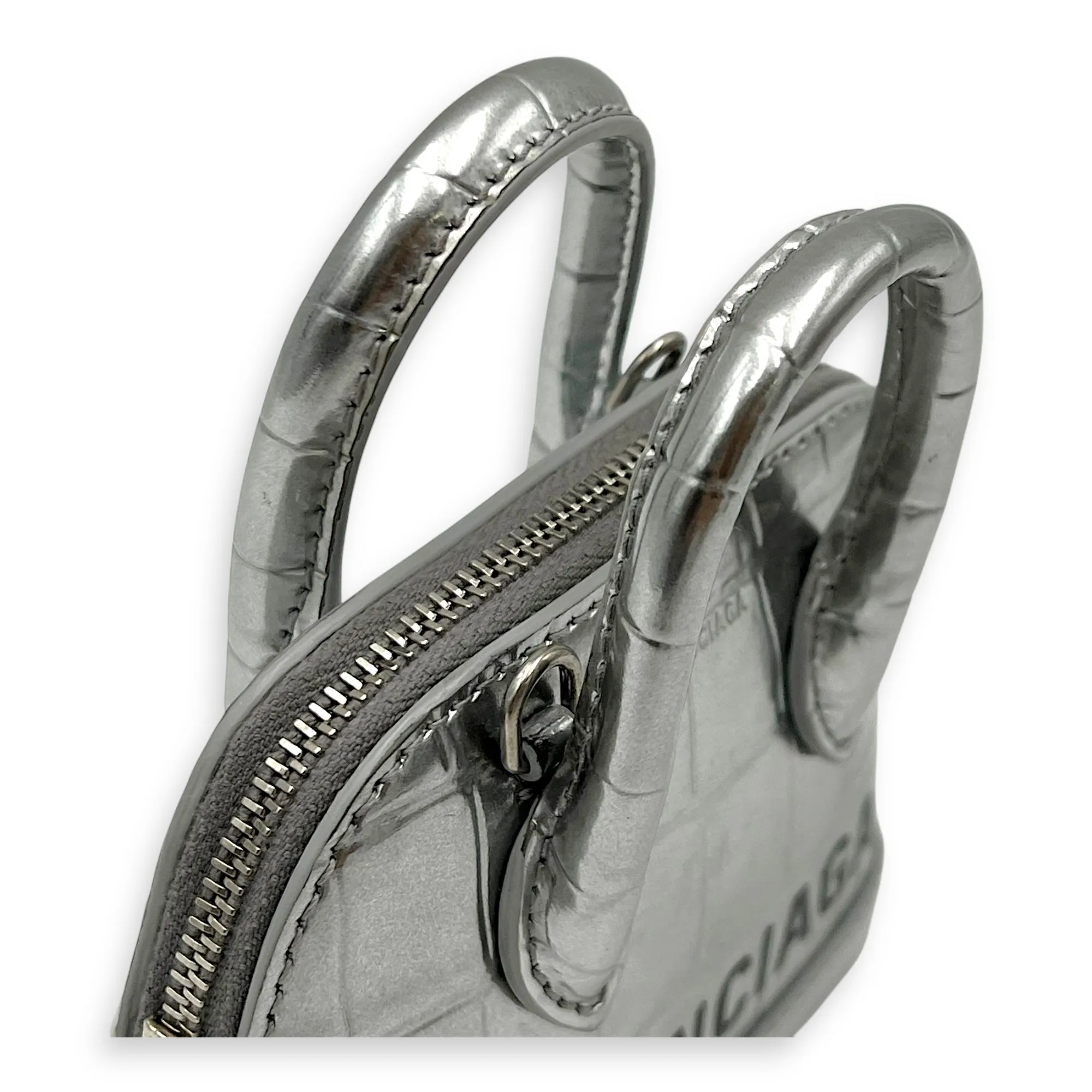 Ville Micro Silver Top Handle Bag in Crocodile Embossed Calfskin, Silver hardware