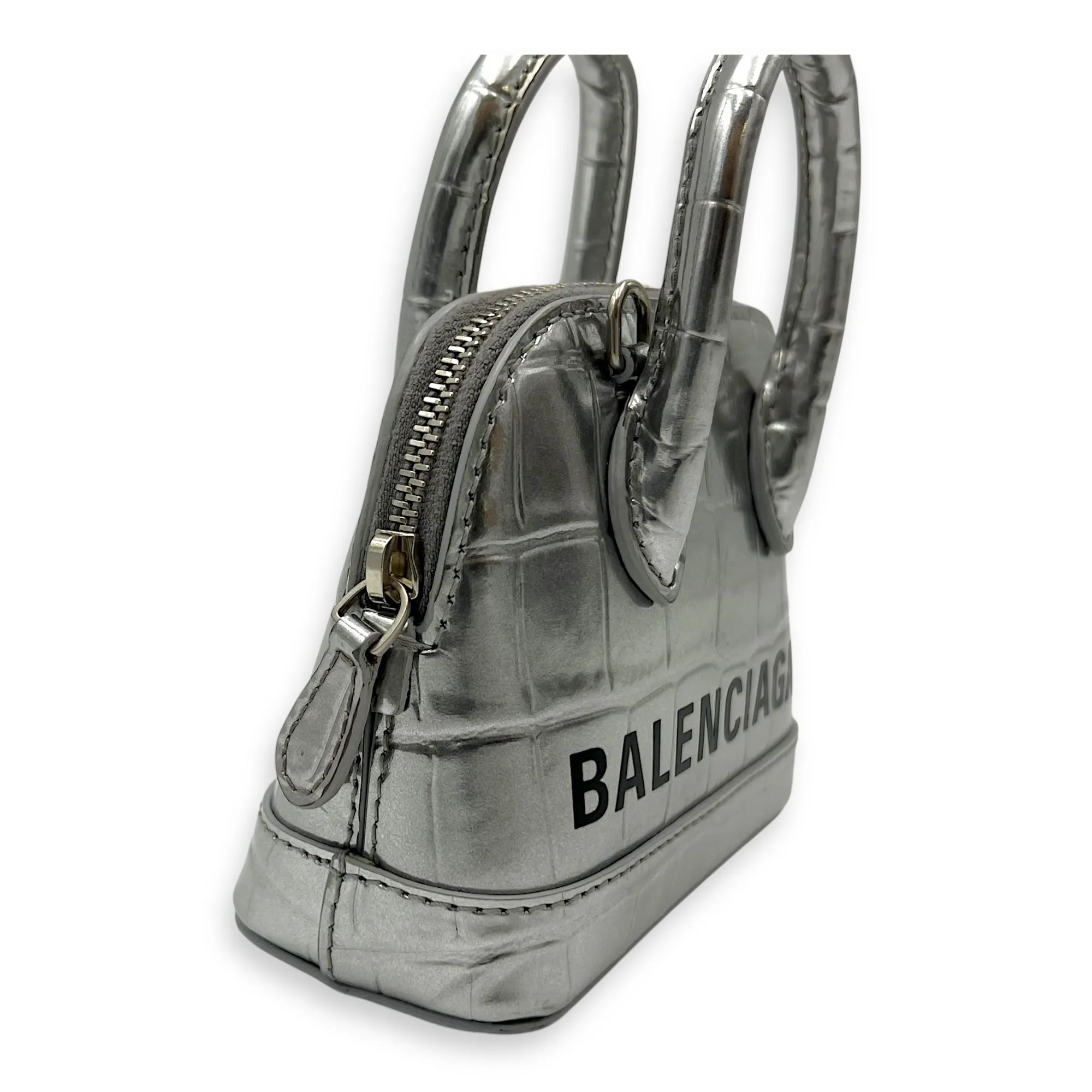 Ville Micro Silver Top Handle Bag in Crocodile Embossed Calfskin, Silver hardware