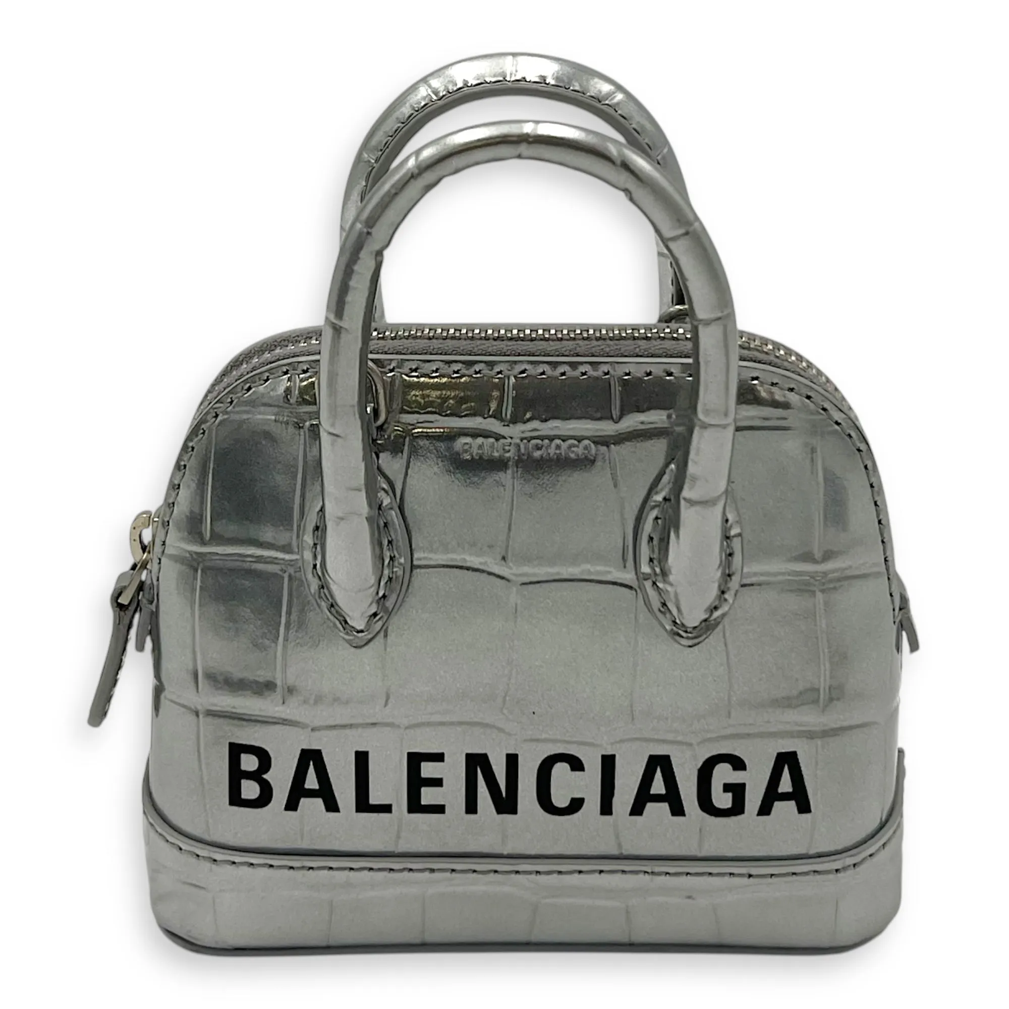 Ville Micro Silver Top Handle Bag in Crocodile Embossed Calfskin, Silver hardware