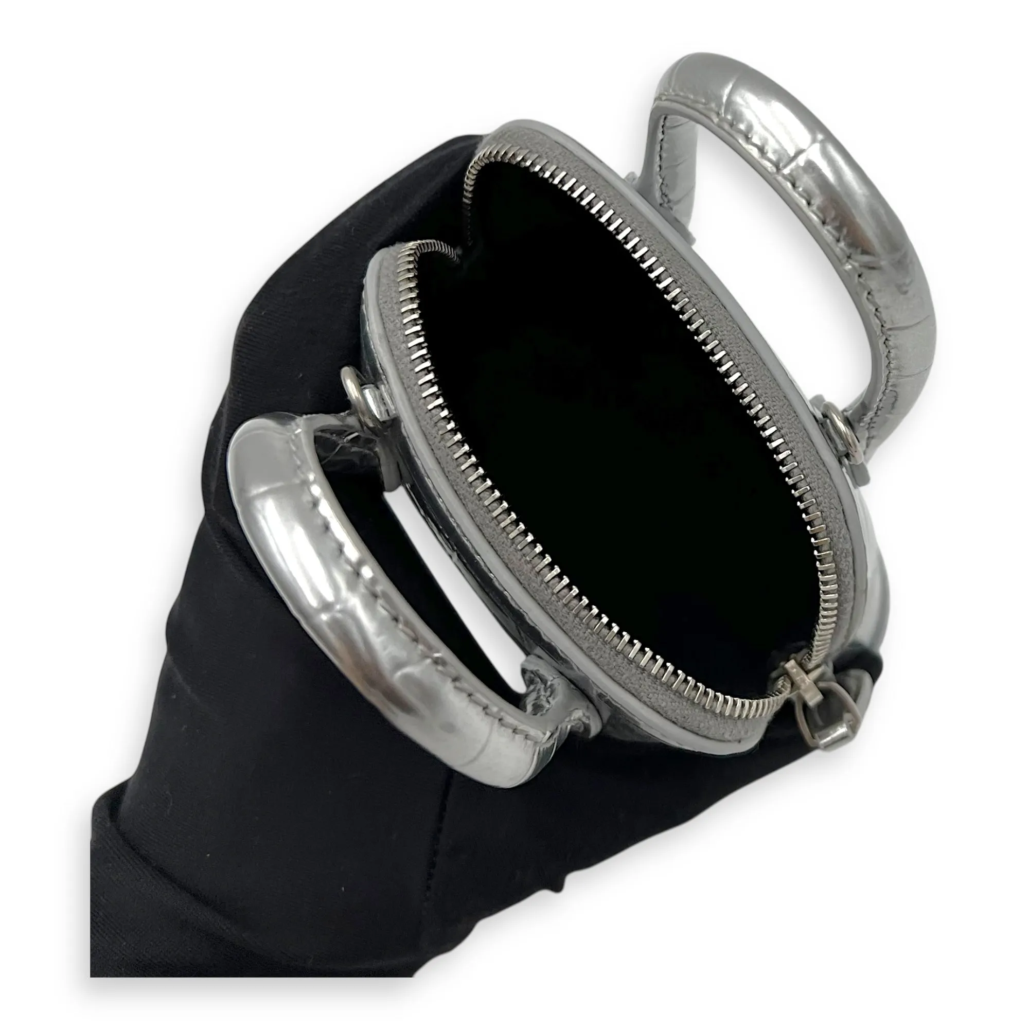 Ville Micro Silver Top Handle Bag in Crocodile Embossed Calfskin, Silver hardware