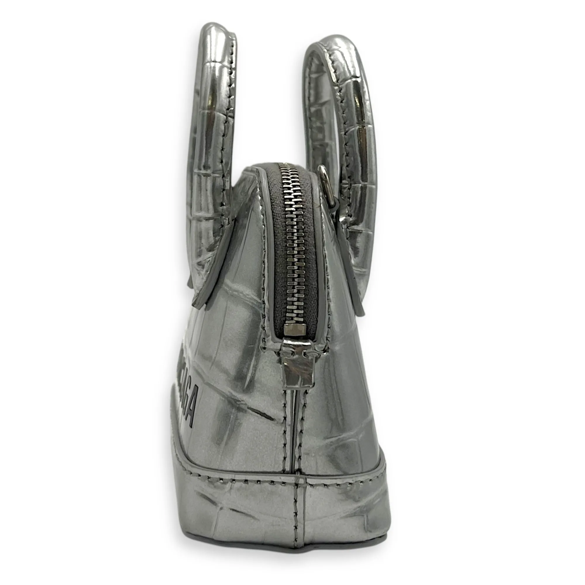 Ville Micro Silver Top Handle Bag in Crocodile Embossed Calfskin, Silver hardware