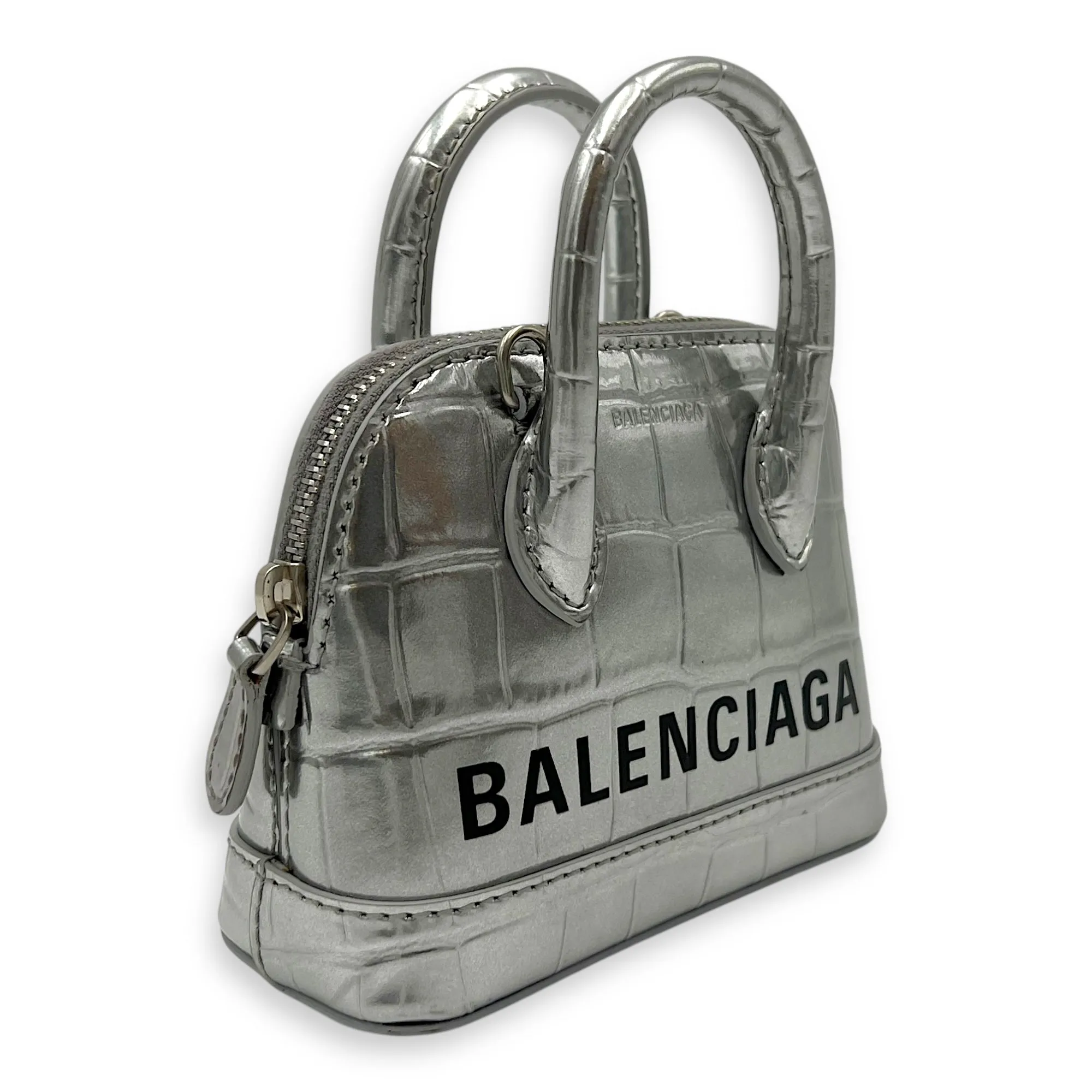 Ville Micro Silver Top Handle Bag in Crocodile Embossed Calfskin, Silver hardware
