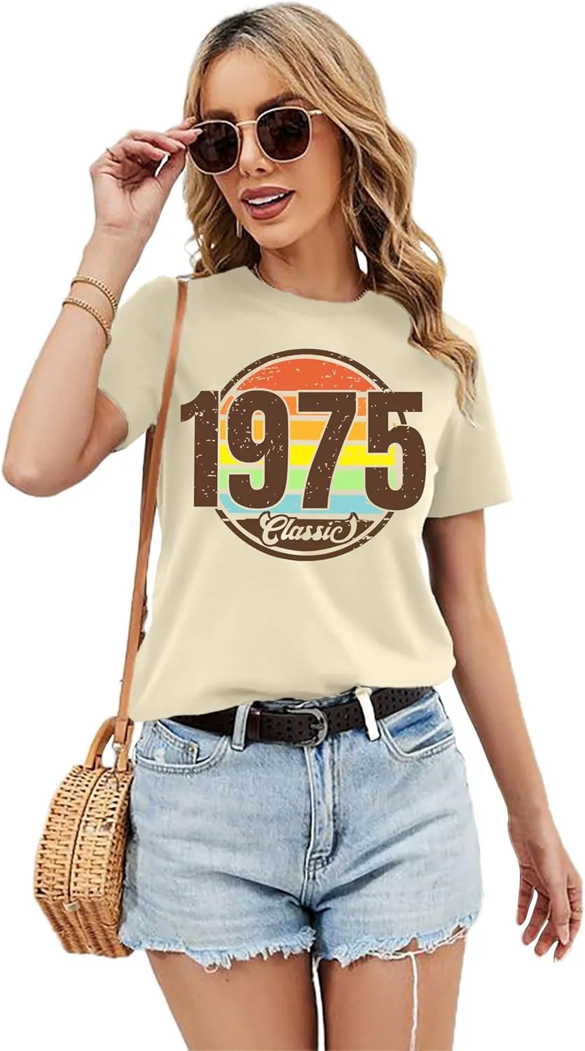 Vintage 1975 Classic Print T-Shirt Retro 50th Birthday Gift Shirt 50rd for Women Letter Print Birthday Party Casual Tee Tops