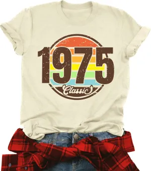 Vintage 1975 Classic Print T-Shirt Retro 50th Birthday Gift Shirt 50rd for Women Letter Print Birthday Party Casual Tee Tops