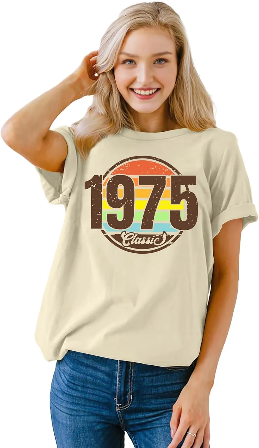 Vintage 1975 Classic Print T-Shirt Retro 50th Birthday Gift Shirt 50rd for Women Letter Print Birthday Party Casual Tee Tops