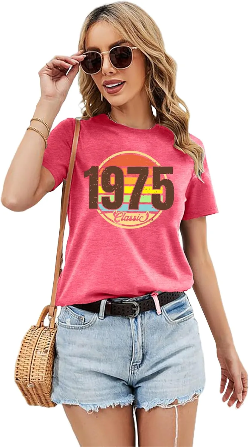 Vintage 1975 Classic Print T-Shirt Retro 50th Birthday Gift Shirt 50rd for Women Letter Print Birthday Party Casual Tee Tops