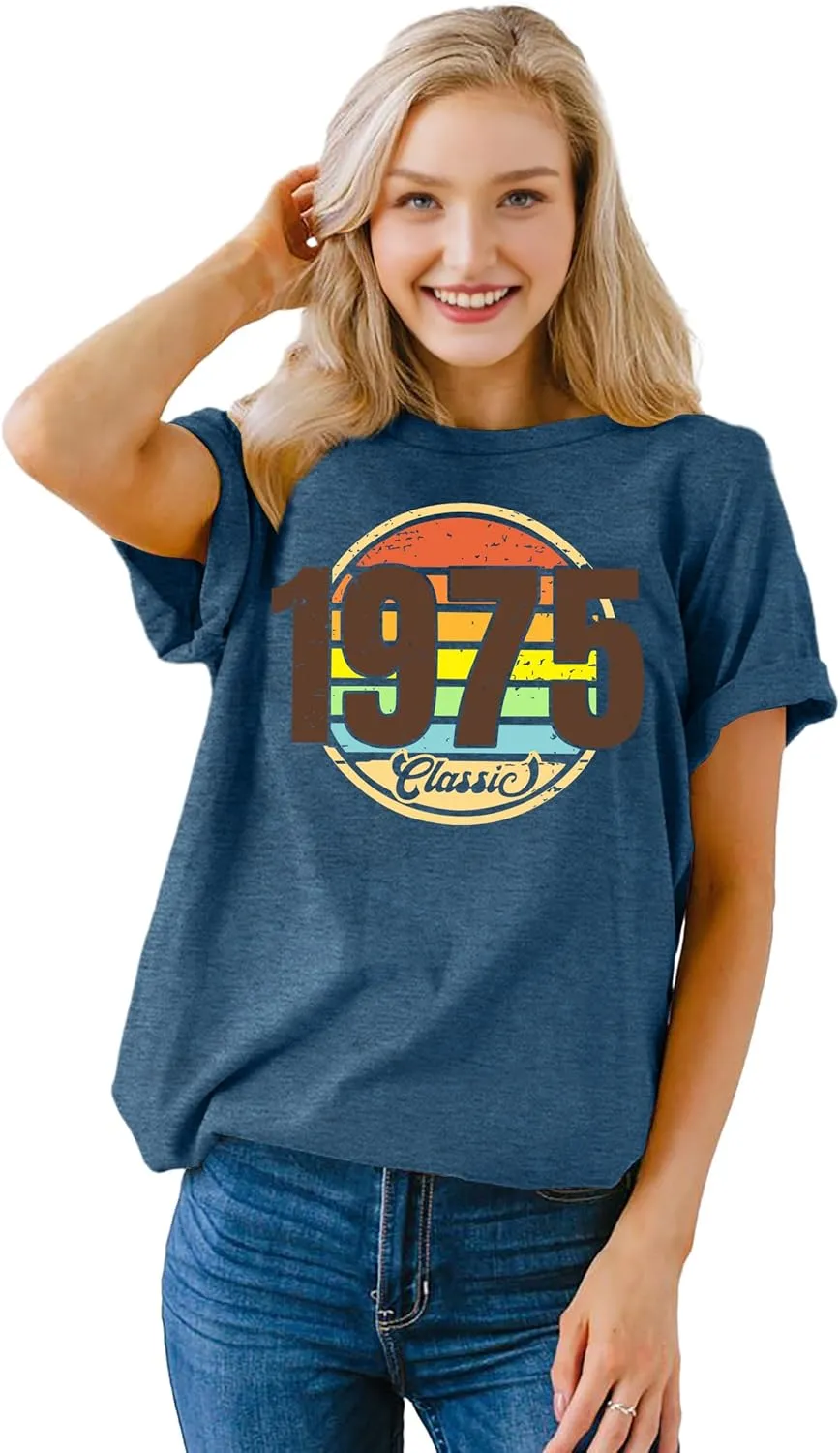 Vintage 1975 Classic Print T-Shirt Retro 50th Birthday Gift Shirt 50rd for Women Letter Print Birthday Party Casual Tee Tops