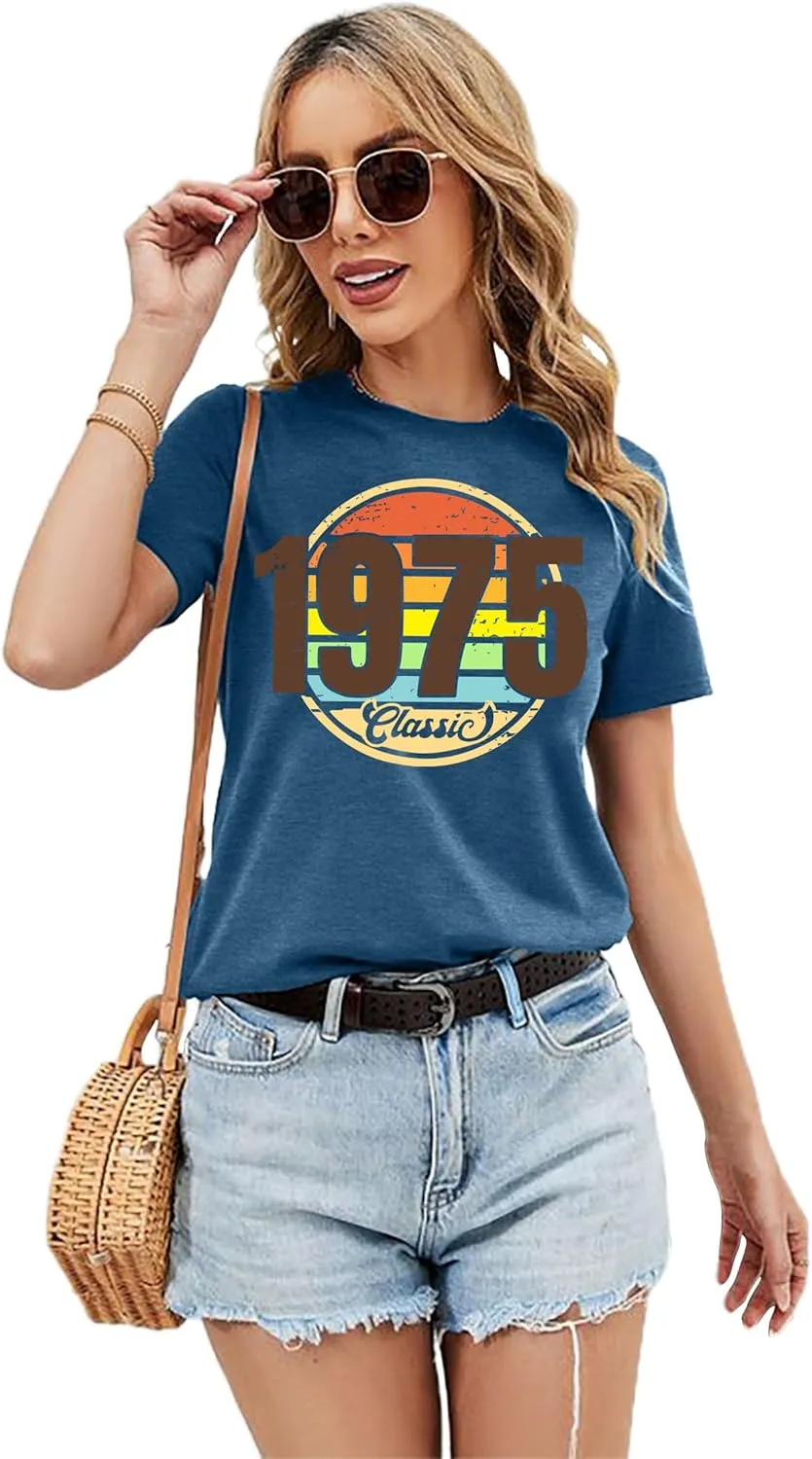 Vintage 1975 Classic Print T-Shirt Retro 50th Birthday Gift Shirt 50rd for Women Letter Print Birthday Party Casual Tee Tops