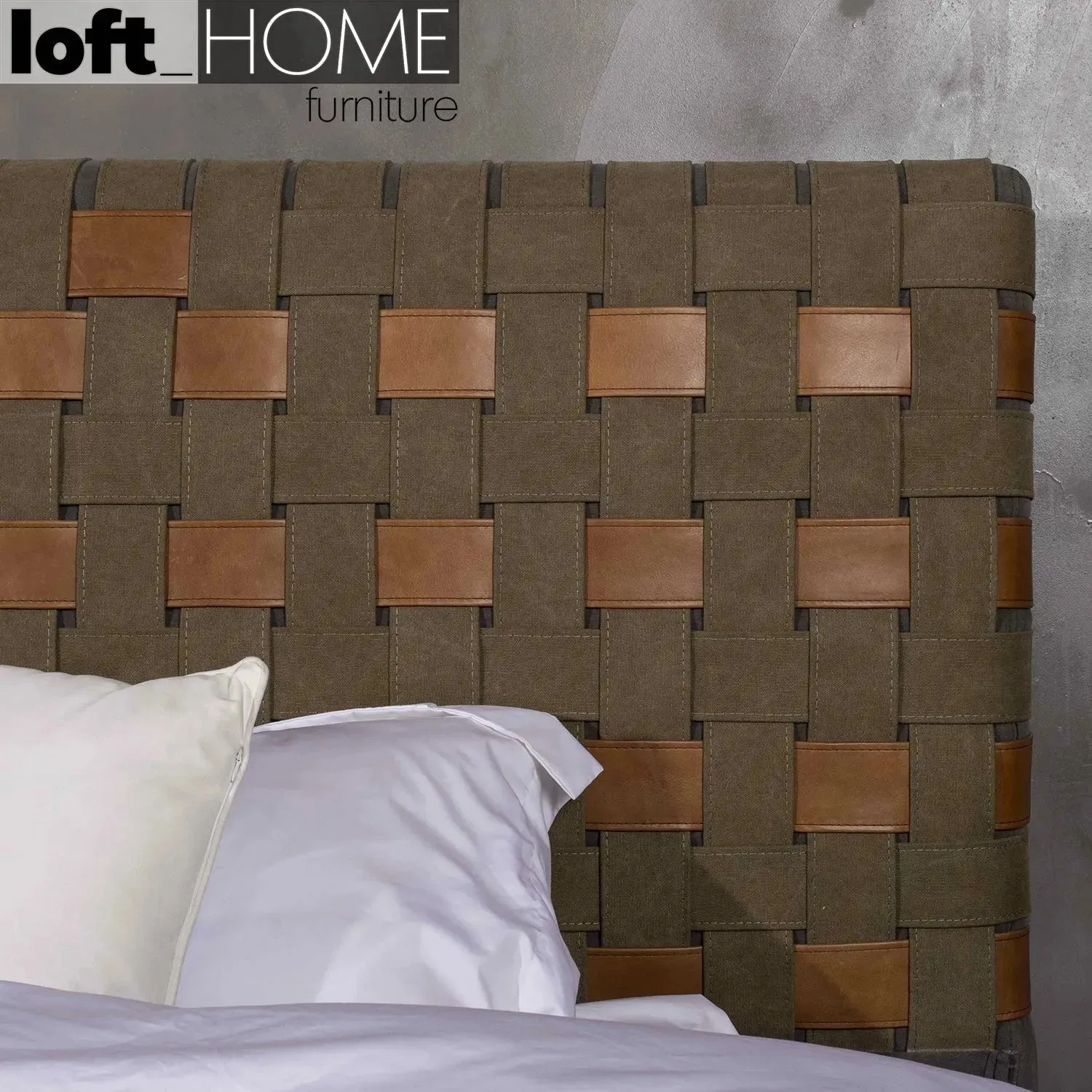 Vintage Canvas And Genuine Leather Bed Frame CANVASGREY