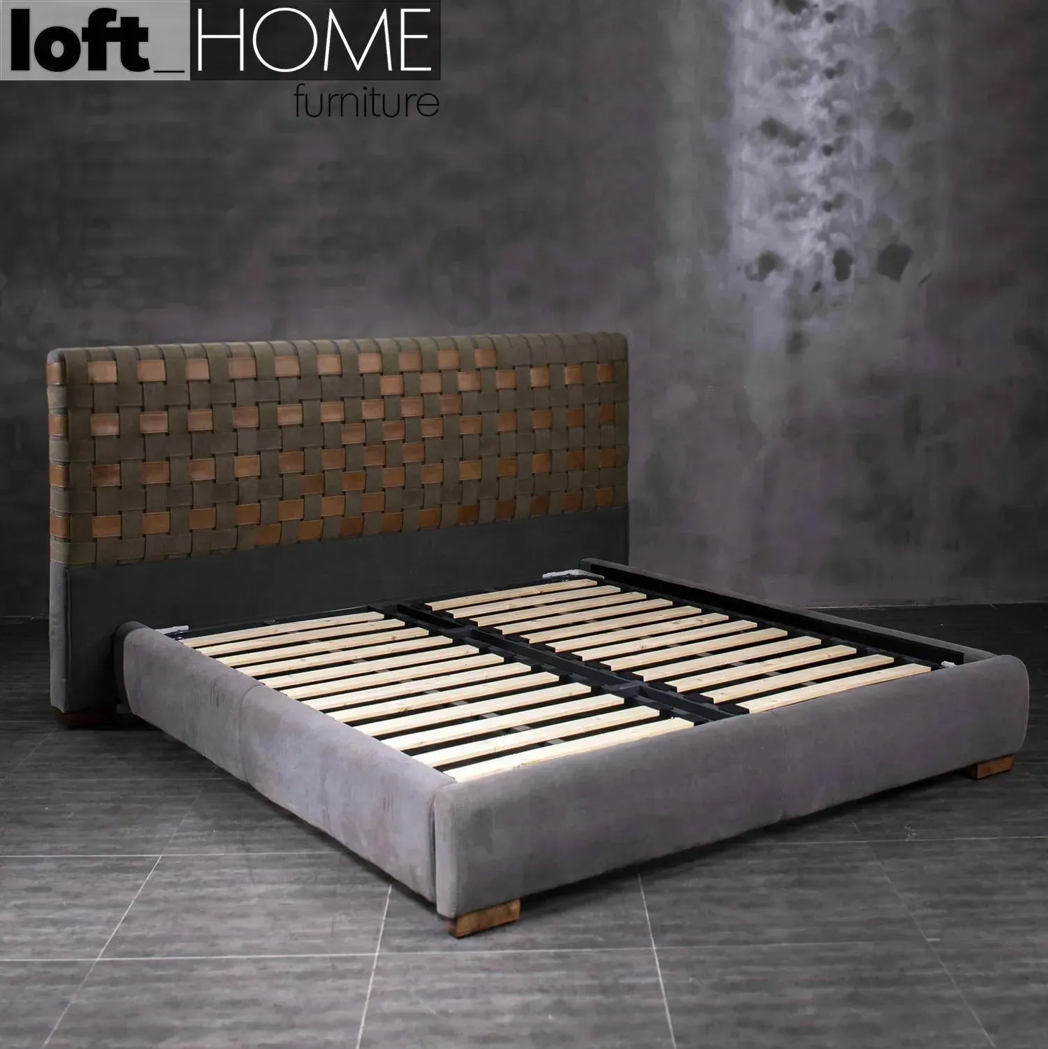 Vintage Canvas And Genuine Leather Bed Frame CANVASGREY