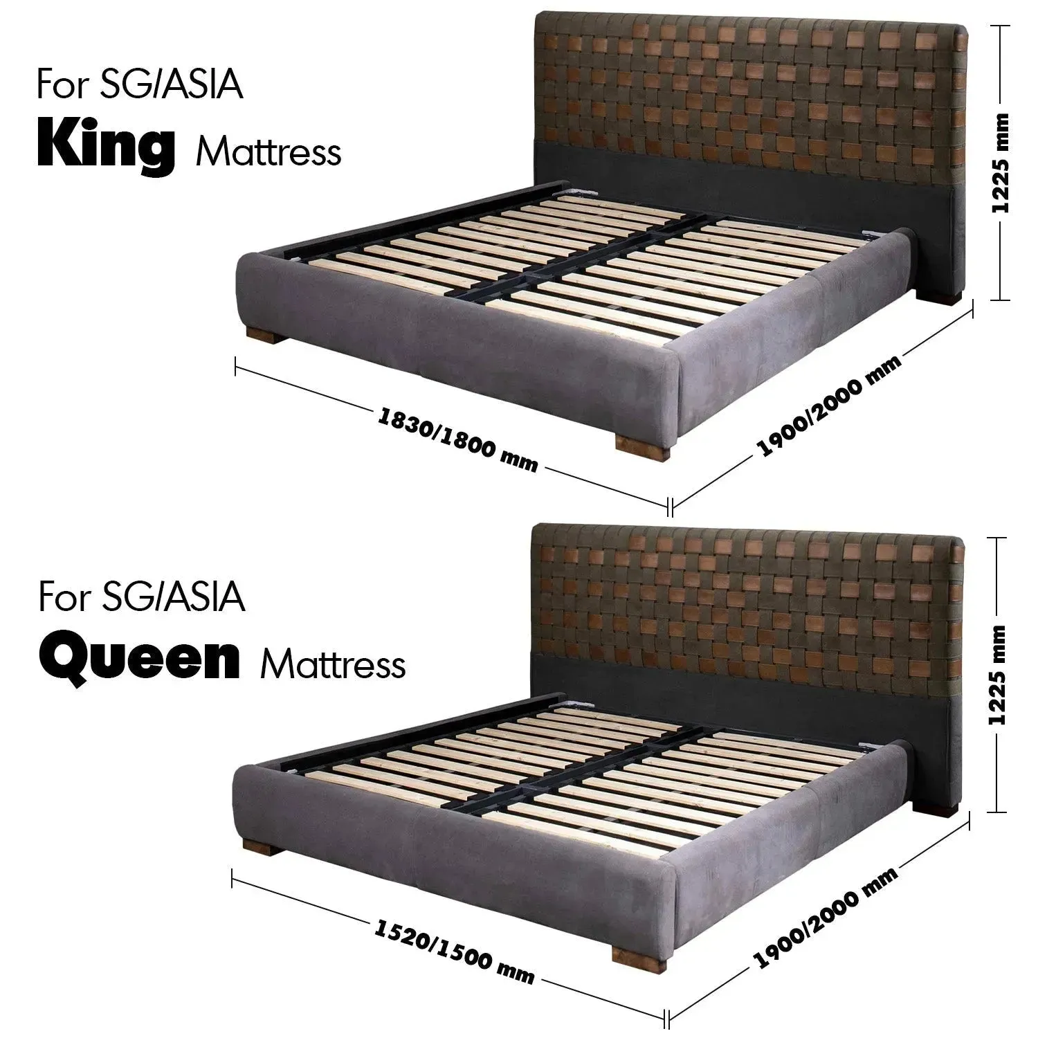 Vintage Canvas And Genuine Leather Bed Frame CANVASGREY