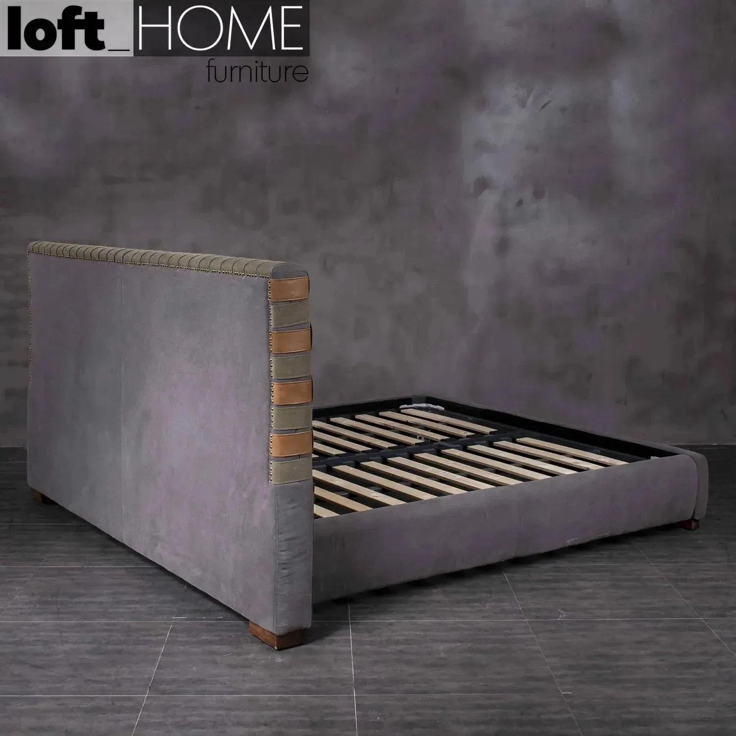 Vintage Canvas And Genuine Leather Bed Frame CANVASGREY