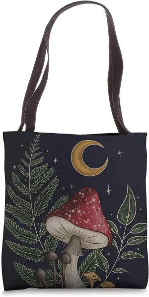 Vintage Mushroom Cottagecore Aesthetics Fern Groovy Moon Tote Bag