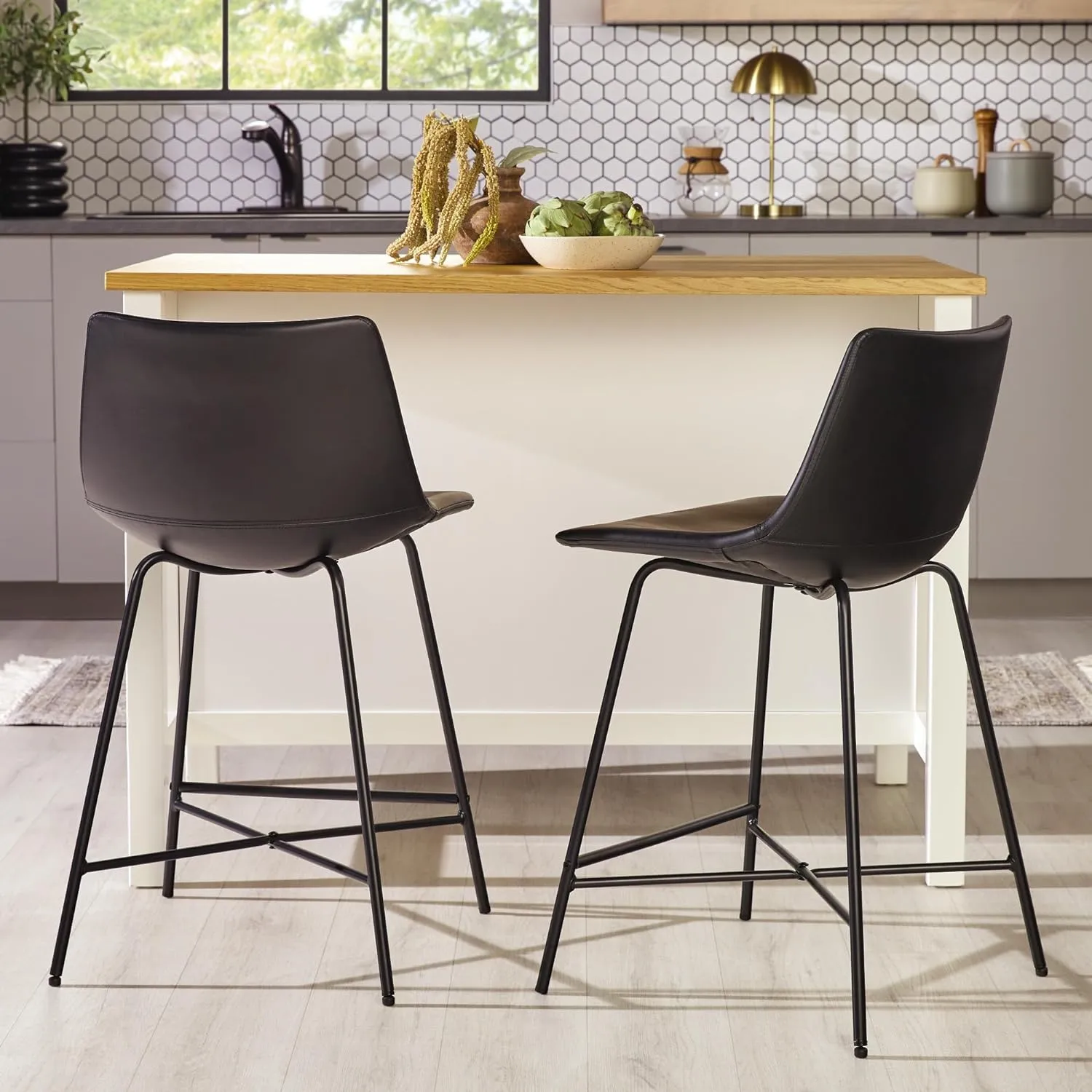 Walker Edison Xuma Modern Faux Leather Armless Low Back Counter Stool, Set of 2, Black
