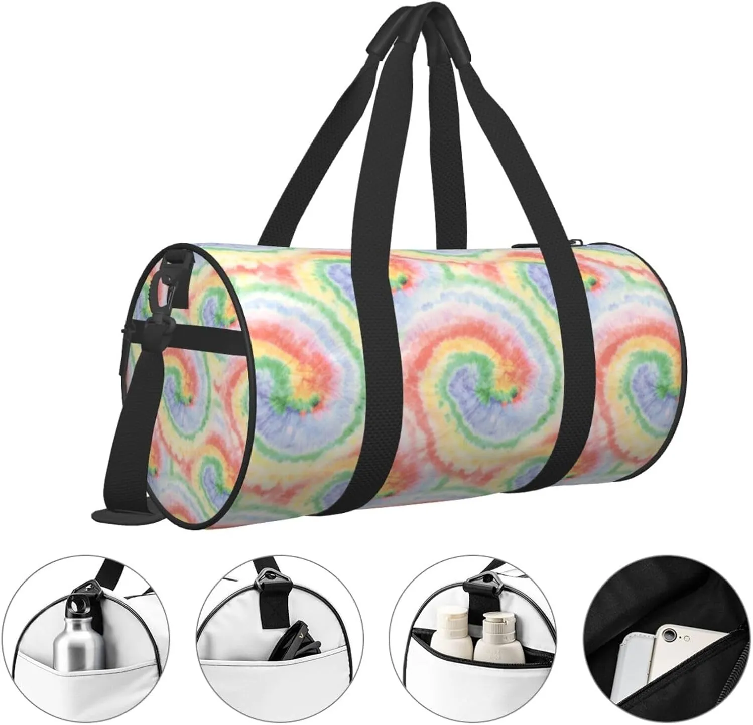 Wash Spot Wet Multi Color Tie Dye Round Travel Duffel Bag Large Capacity Gym Sports Bags for Hiking Vacation Trips