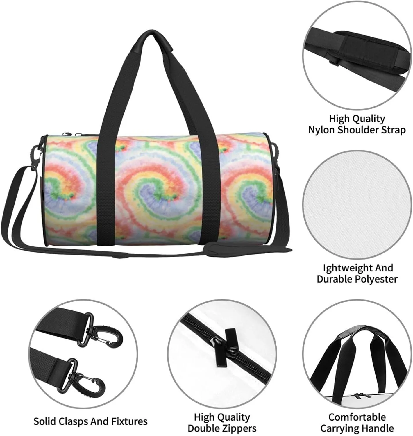 Wash Spot Wet Multi Color Tie Dye Round Travel Duffel Bag Large Capacity Gym Sports Bags for Hiking Vacation Trips