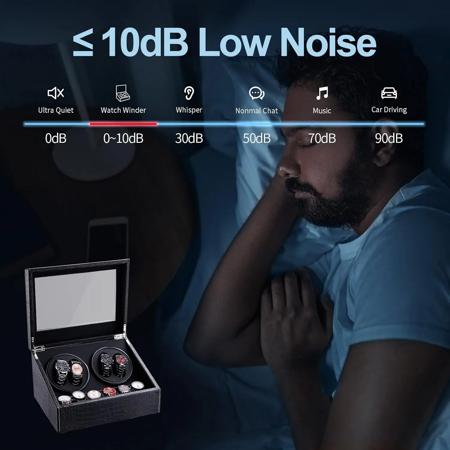 Watch Winder for Automatic Watches, Ultra Quiet Motor, 4 Spaces, 6 Extra Storage, PU Leather Crocodile Styling