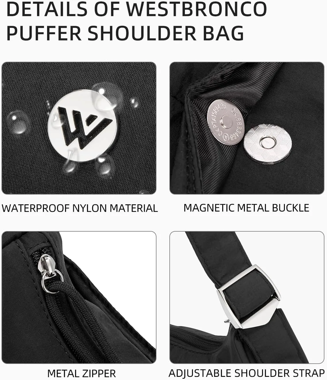 WESTBRONCO Puffer Crescent Shoulder Bags for Women Puffy Quilted Handbags, Nylon Shoulder Purse with Adjustable Strap