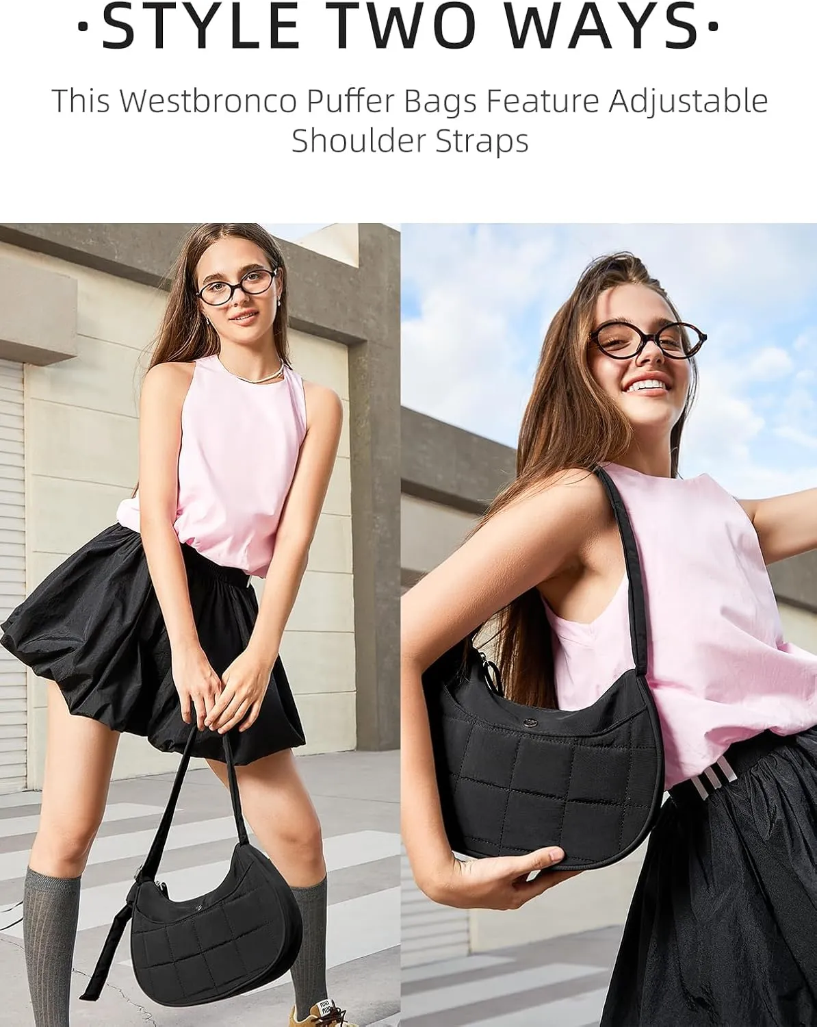 WESTBRONCO Puffer Crescent Shoulder Bags for Women Puffy Quilted Handbags, Nylon Shoulder Purse with Adjustable Strap