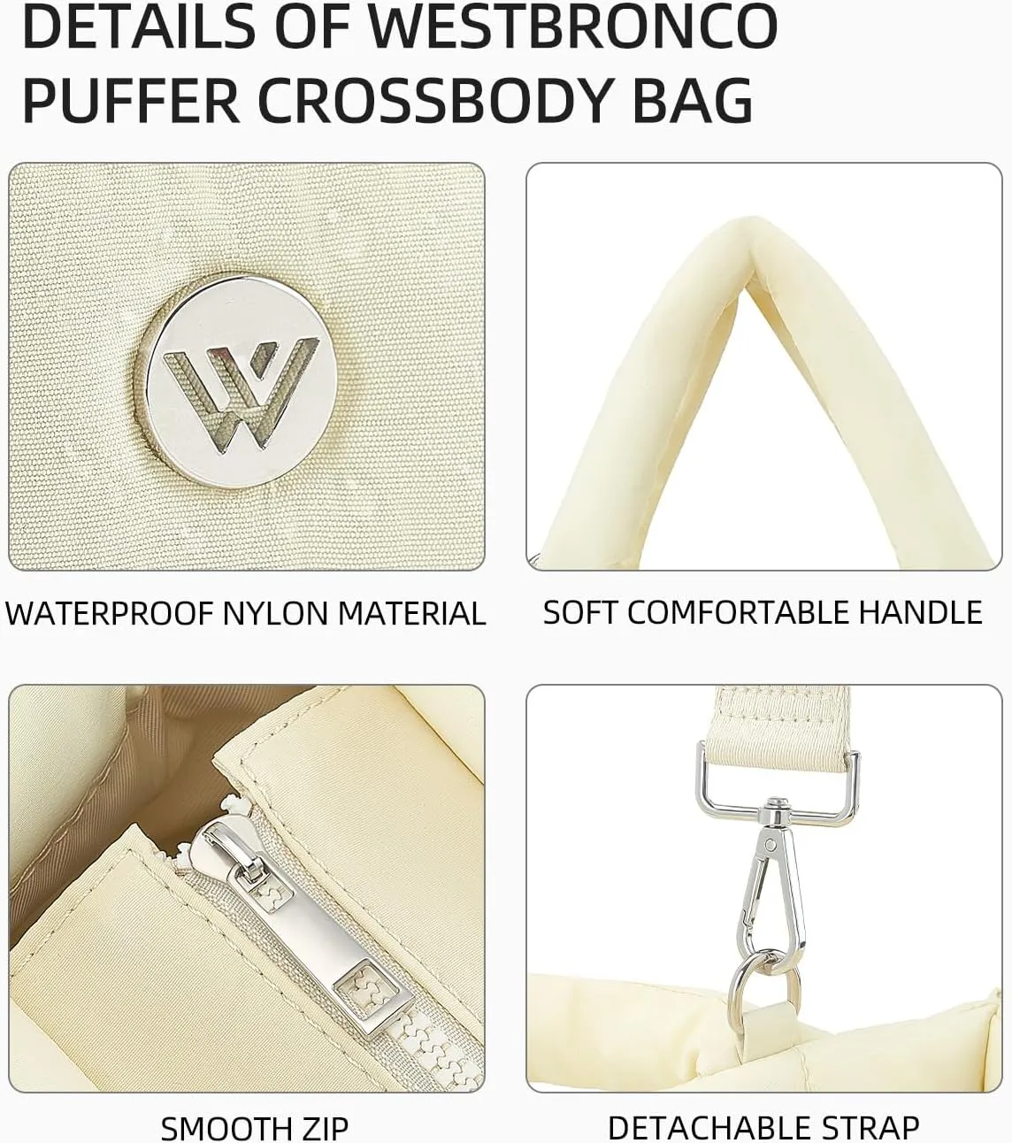 WESTBRONCO Puffer Crossbody Bags for Women Quilted Tote Bag Puffy Weekender Overnight Bag Nylon Shoulder Handbag