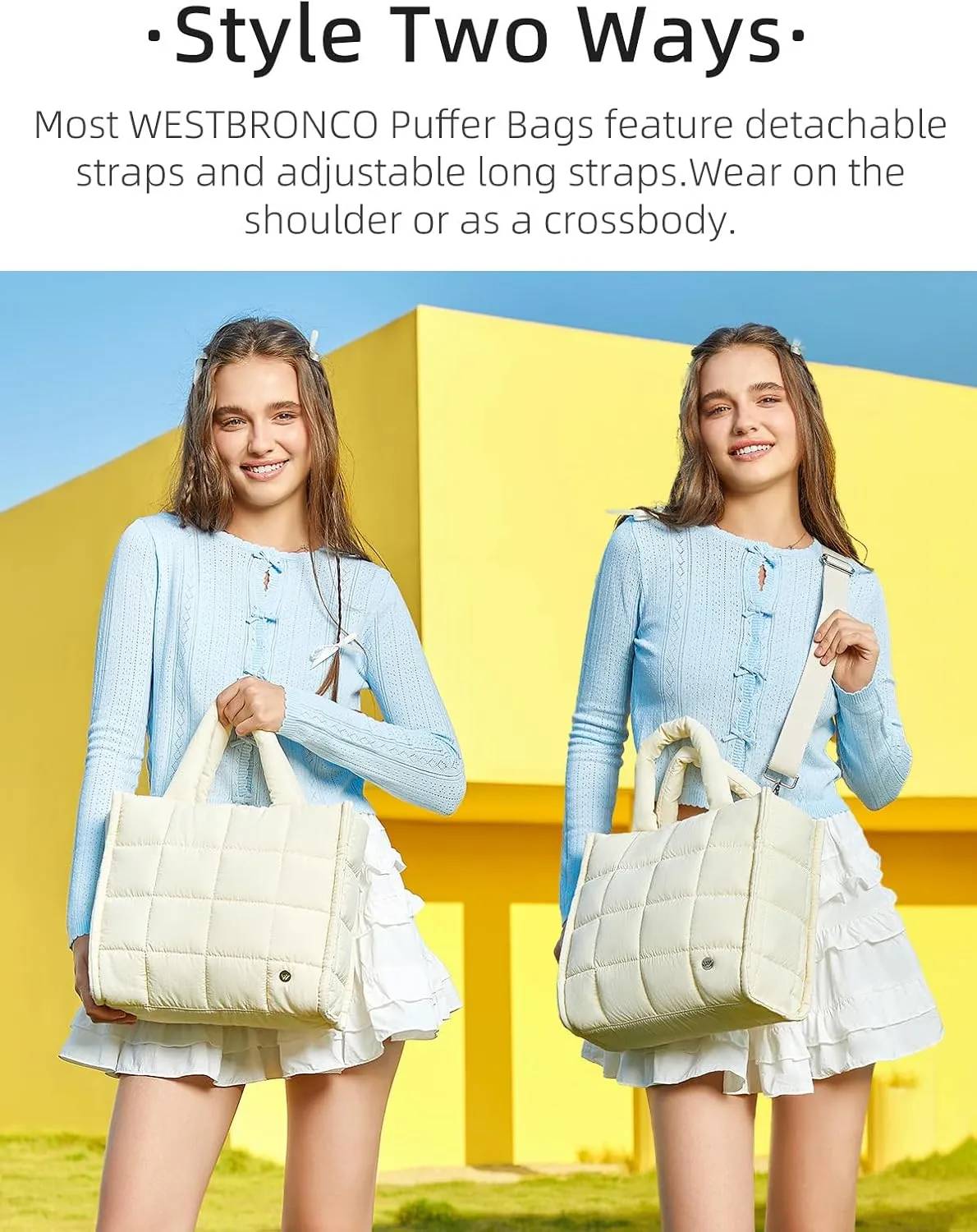 WESTBRONCO Puffer Crossbody Bags for Women Quilted Tote Bag Puffy Weekender Overnight Bag Nylon Shoulder Handbag