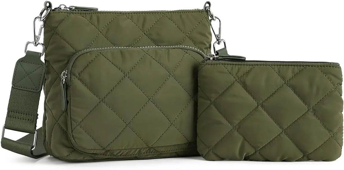 WESTBRONCO Quilted Crossbody Bags for Women Multi Zipper Pockets Nylon Purses with Wallet Set