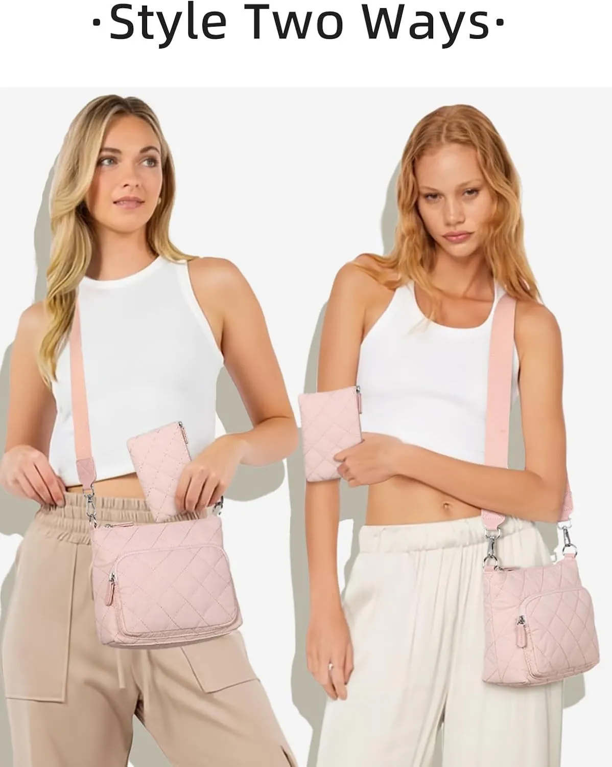 WESTBRONCO Quilted Crossbody Bags for Women Multi Zipper Pockets Nylon Purses with Wallet Set