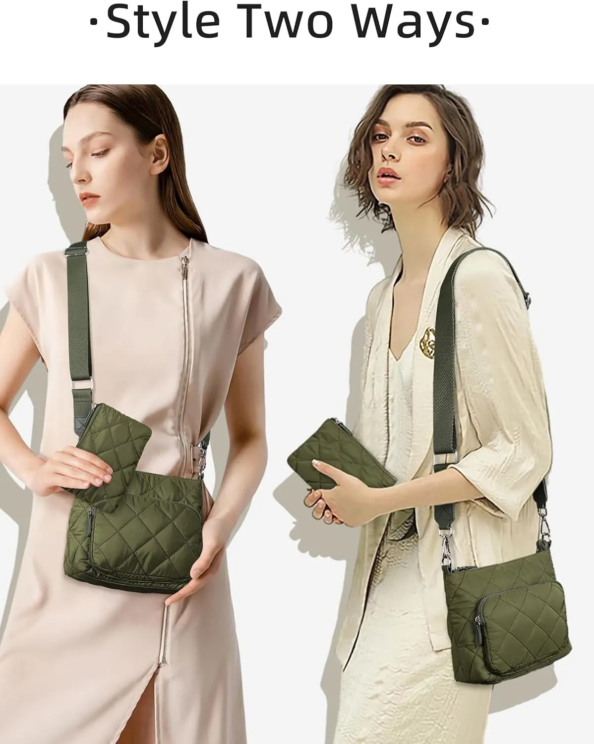 WESTBRONCO Quilted Crossbody Bags for Women Multi Zipper Pockets Nylon Purses with Wallet Set