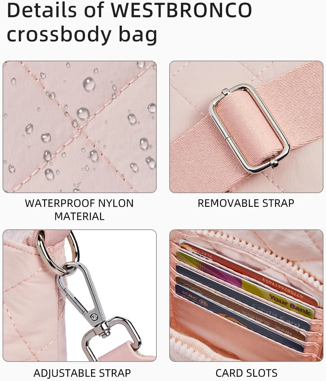 WESTBRONCO Quilted Crossbody Bags for Women Multi Zipper Pockets Nylon Purses with Wallet Set