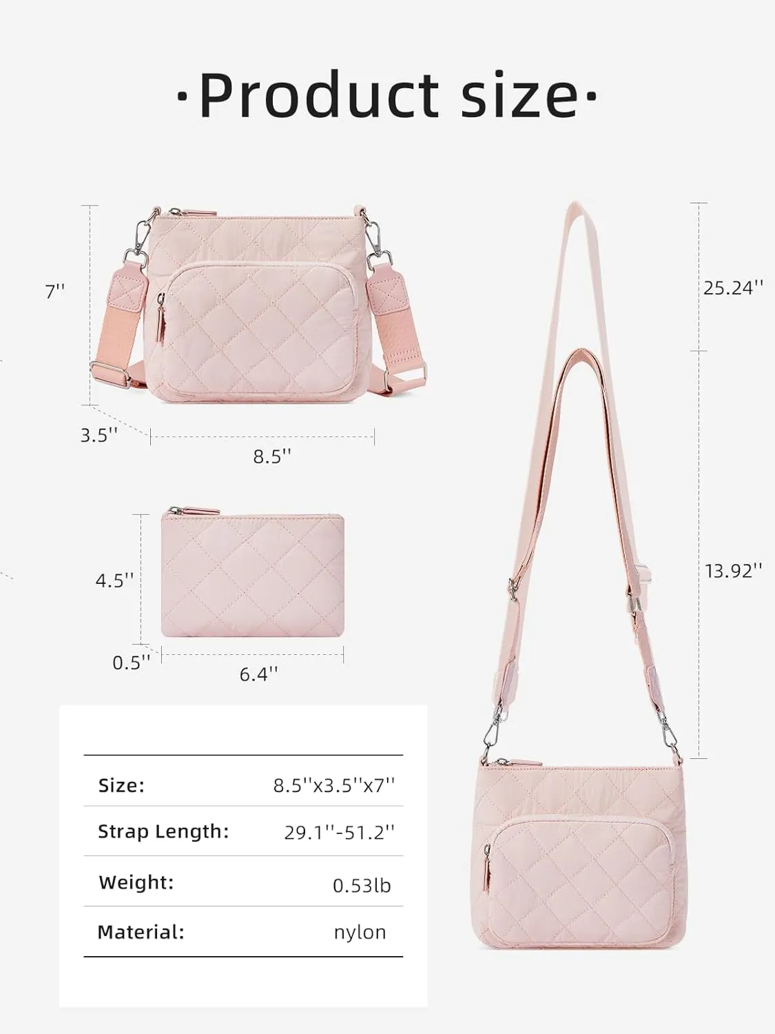 WESTBRONCO Quilted Crossbody Bags for Women Multi Zipper Pockets Nylon Purses with Wallet Set