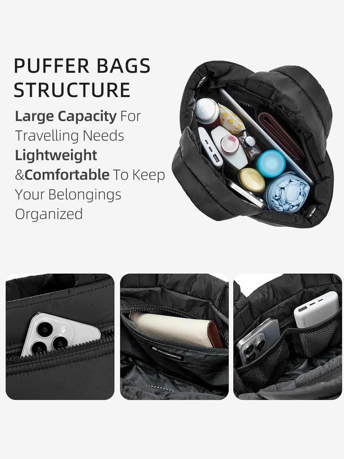 WESTBRONCO Small Puffer Bag Quilted Crossbody Bags for Women Puffy Purse Nylon Shoulder Handbag with Adjustable Strap