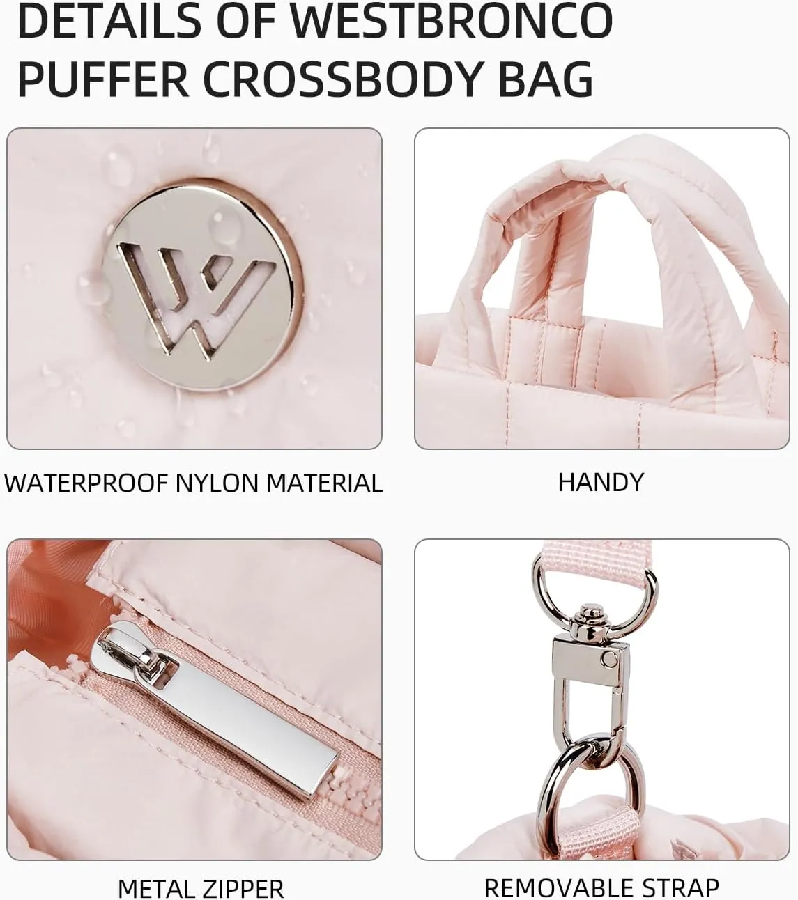 WESTBRONCO Small Puffer Bag Quilted Crossbody Bags for Women Puffy Purse Nylon Shoulder Handbag with Adjustable Strap