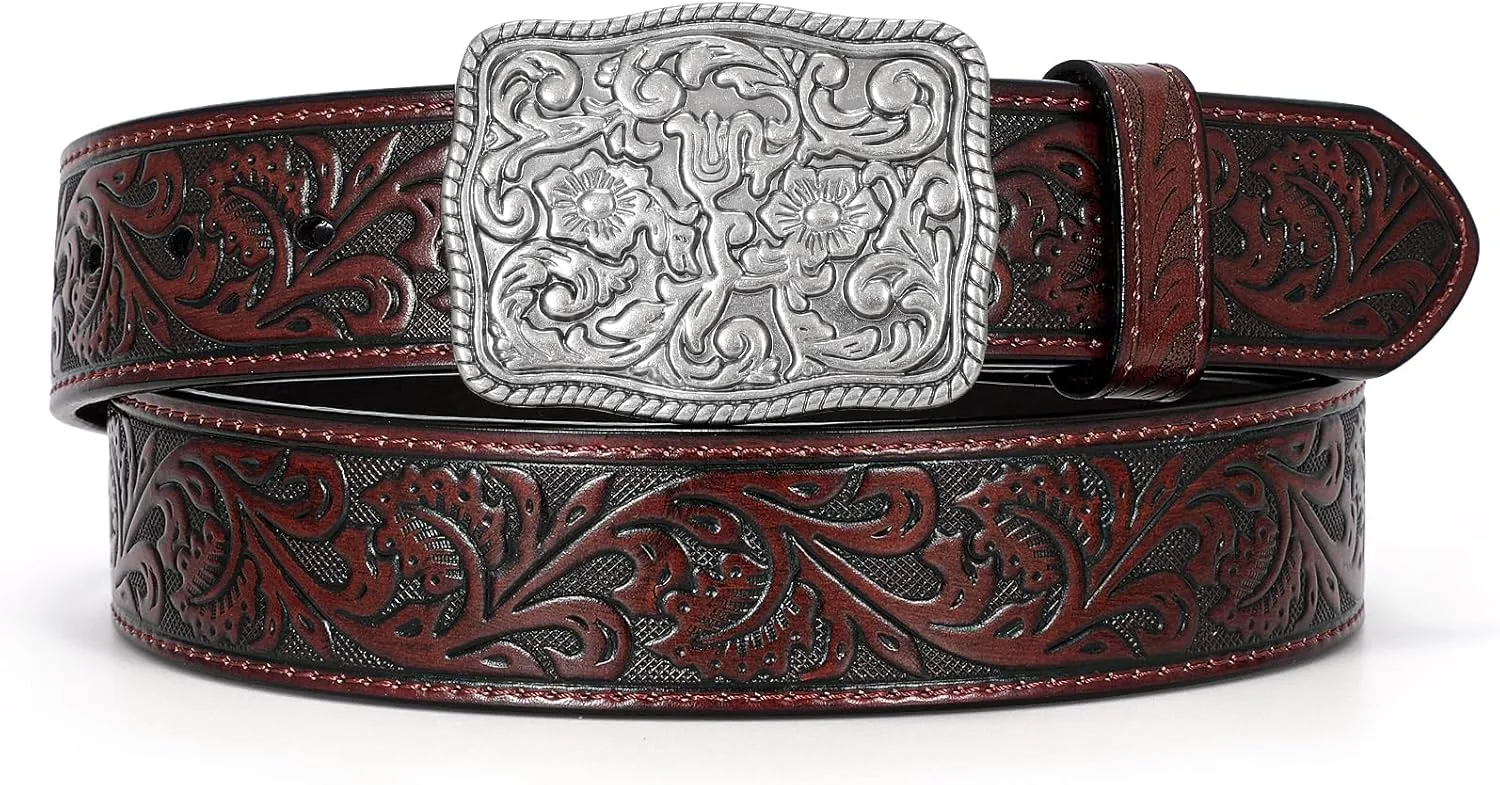 Western Belts for Women Men Cowgirl Cowboy Embossed Engraved Tooled Leather Belt with Buckle for Jeans Pants Rodeo