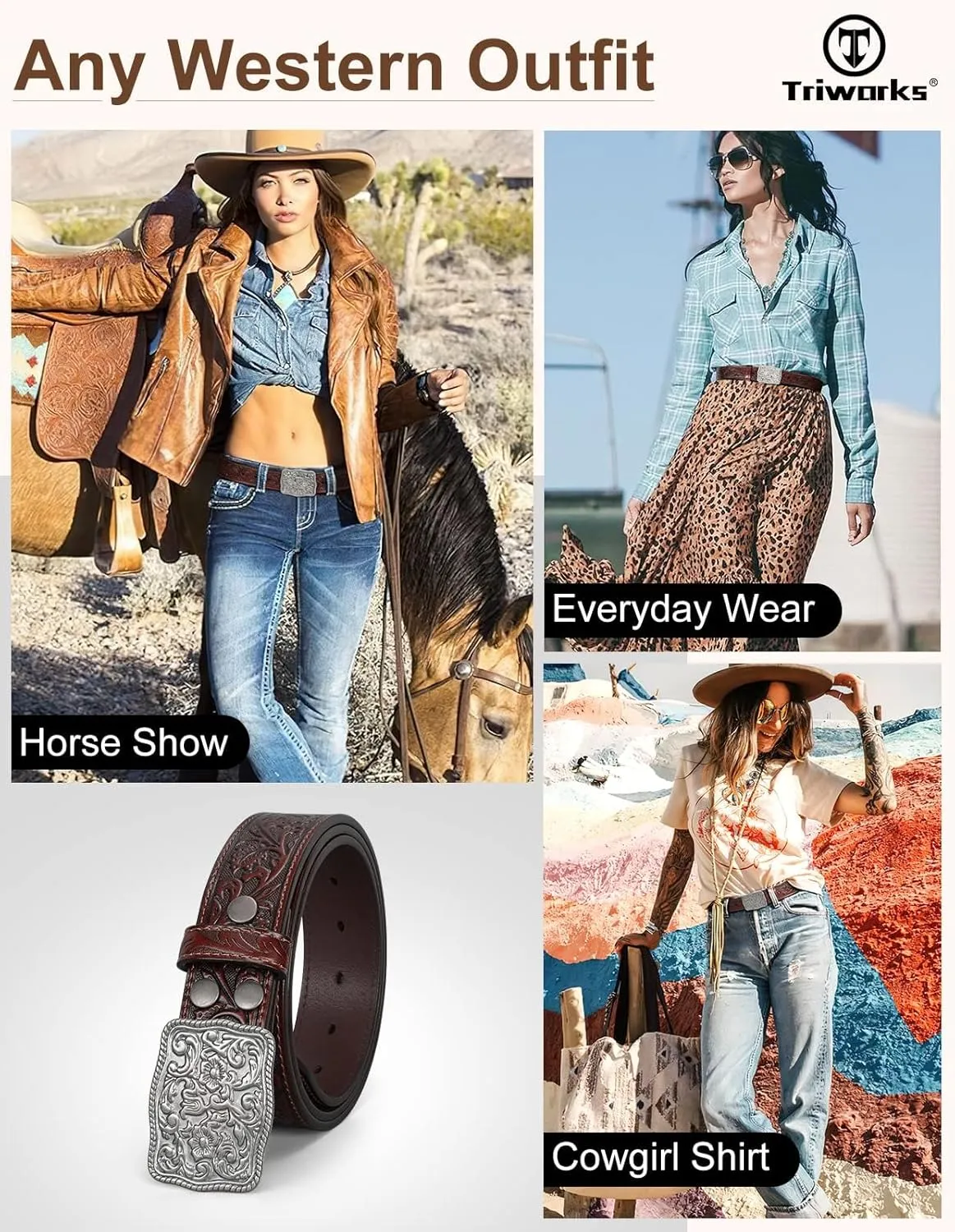 Western Belts for Women Men Cowgirl Cowboy Embossed Engraved Tooled Leather Belt with Buckle for Jeans Pants Rodeo