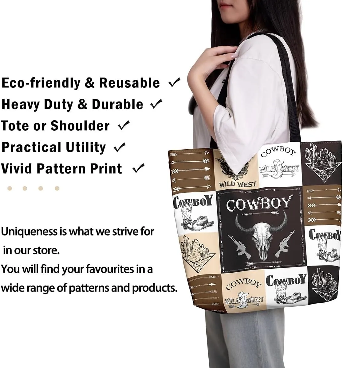 Western Cowgirl Canvas Tote Bag Rustic Deer Bear Tote Bag Farmhouse Animal Shopping Grocery Bags