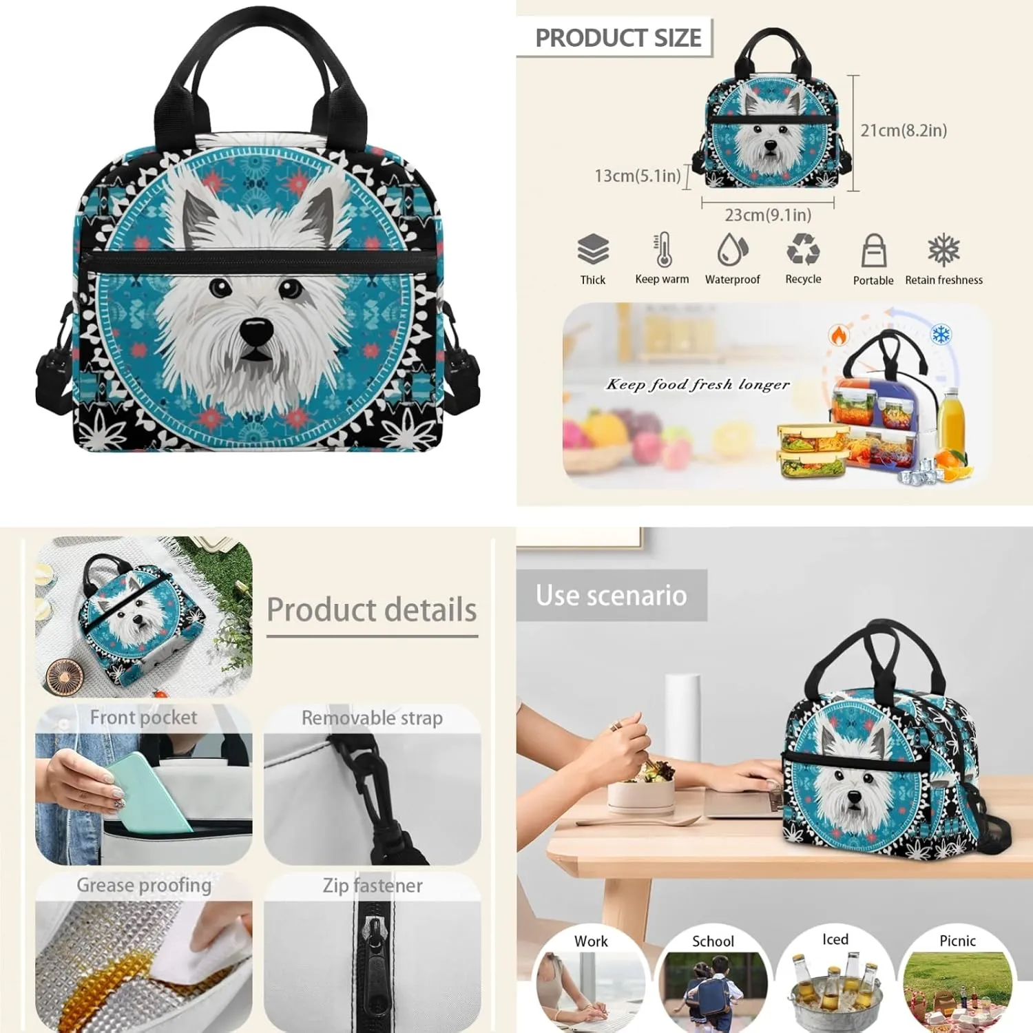Westie Dog Cyan Middle School Bookbag 3 Piece Set Schoolbag/West Highland White Terrier Crossbody Lunch Bag/Pencil Bag Students School Bag Packs Satchel for Schoolbag Kids