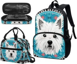 Westie Dog Cyan Middle School Bookbag 3 Piece Set Schoolbag/West Highland White Terrier Crossbody Lunch Bag/Pencil Bag Students School Bag Packs Satchel for Schoolbag Kids