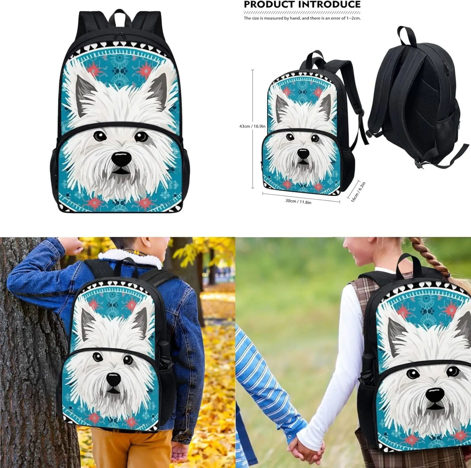 Westie Dog Cyan Middle School Bookbag 3 Piece Set Schoolbag/West Highland White Terrier Crossbody Lunch Bag/Pencil Bag Students School Bag Packs Satchel for Schoolbag Kids