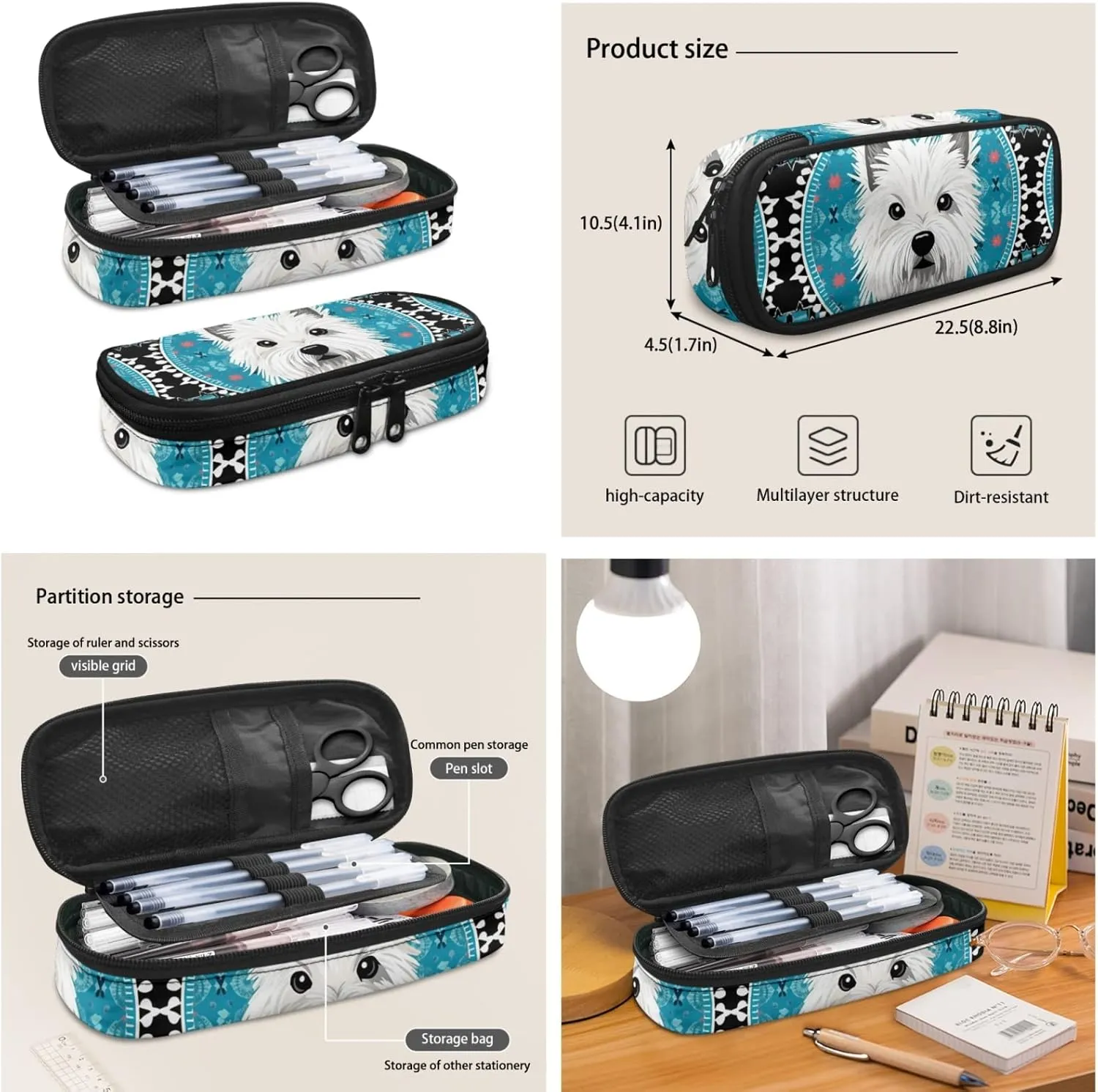 Westie Dog Cyan Middle School Bookbag 3 Piece Set Schoolbag/West Highland White Terrier Crossbody Lunch Bag/Pencil Bag Students School Bag Packs Satchel for Schoolbag Kids