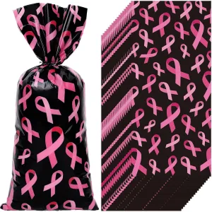 Whaline 150Pcs Breast Cancer Support Cellophane Gift Bags with 200Pcs Twist Ties Black Pink Ribbon Pattern Party Favor Bags Plastic Treat Candy Goodie Bags for Women Breast Cancer Awareness